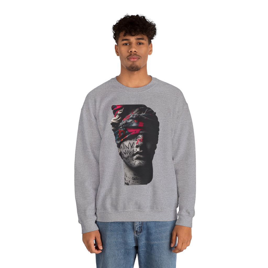 Graffiti Roman Bust Crewneck Sweatshirt — Statue Head Urban Art Graphic - Sculpted Heritage