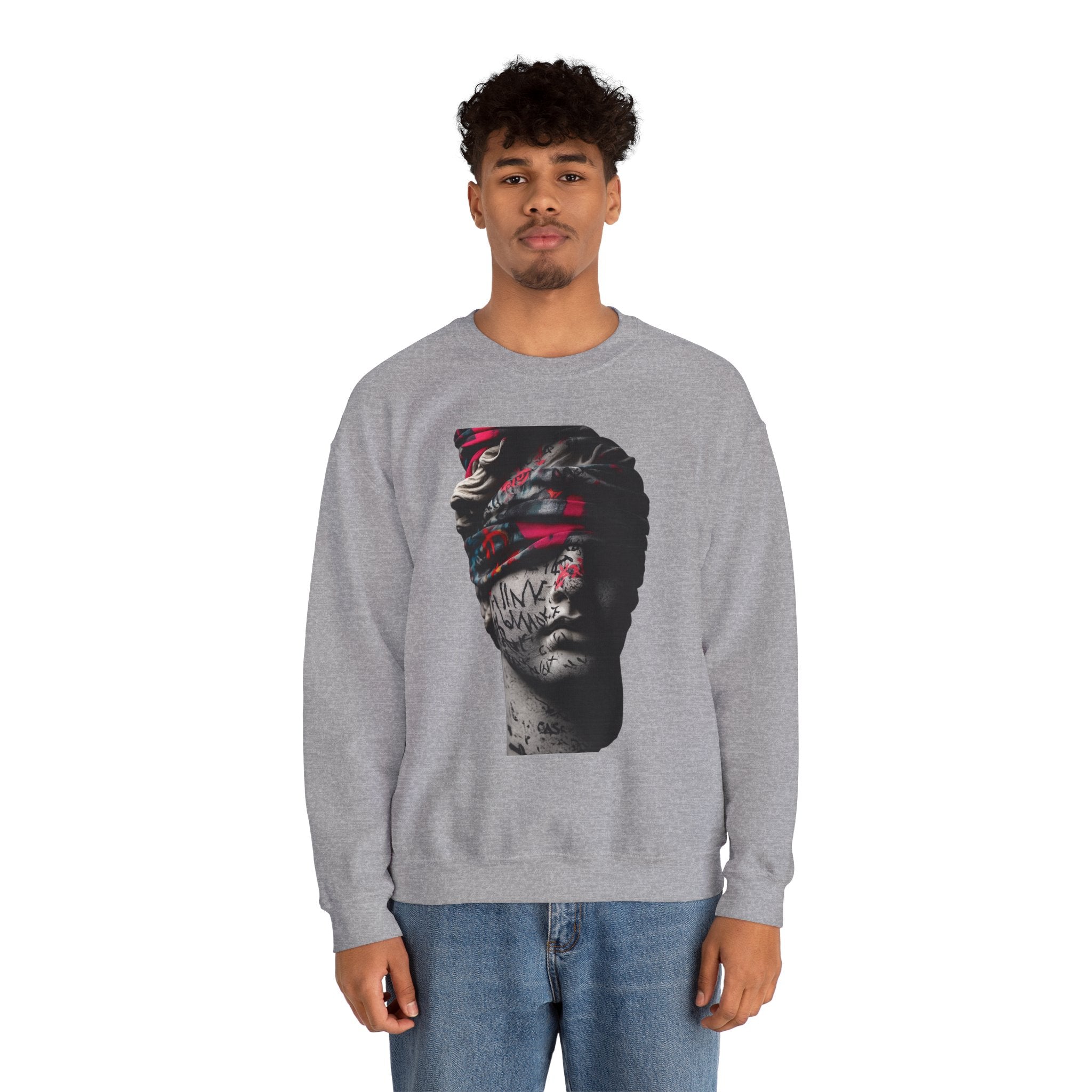 Graffiti Roman Bust Crewneck Sweatshirt — Statue Head Urban Art Graphic - Sculpted Heritage