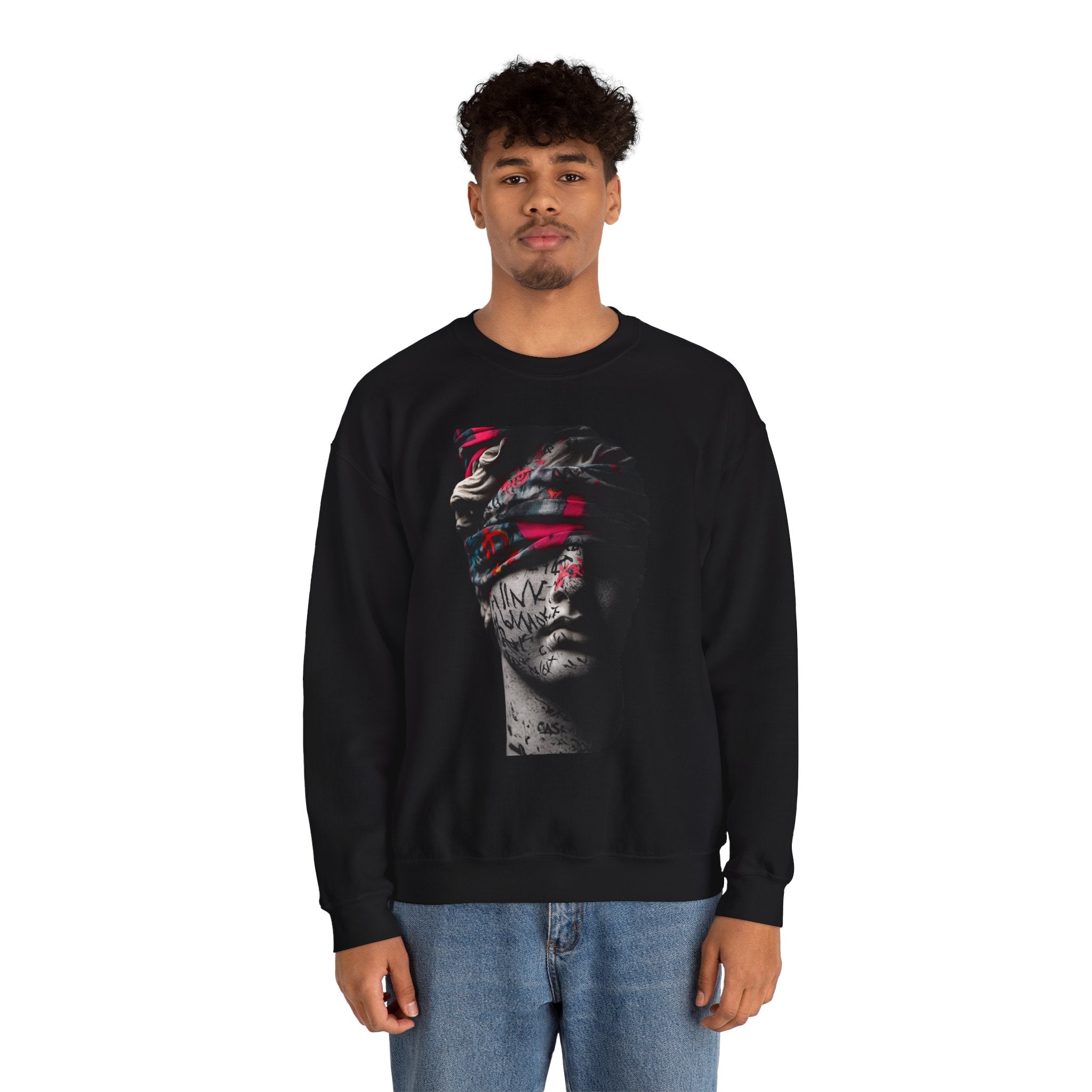 Graffiti Roman Bust Crewneck Sweatshirt — Statue Head Urban Art Graphic - Sculpted Heritage
