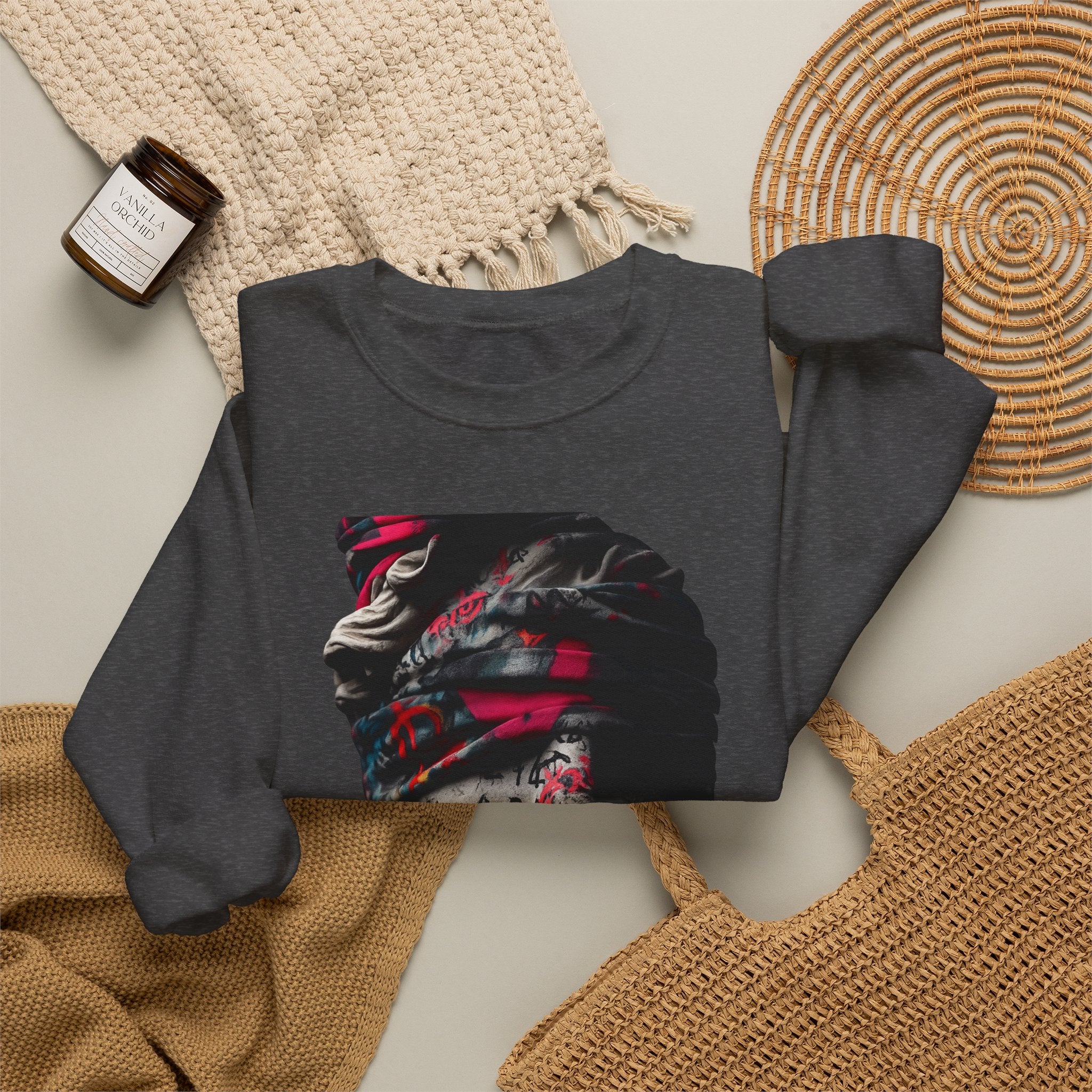 Graffiti Roman Bust Crewneck Sweatshirt — Statue Head Urban Art Graphic - Sculpted Heritage