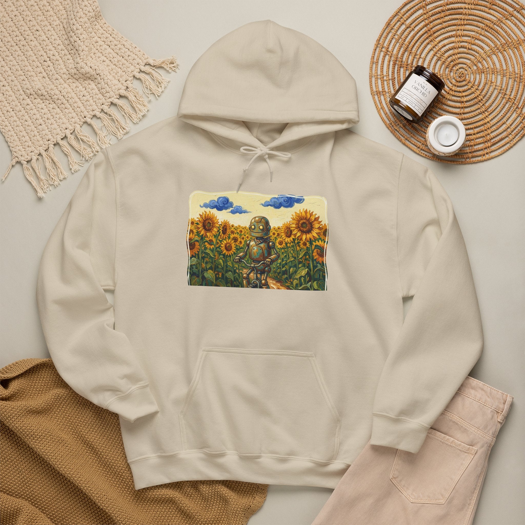 Heritage Hoodie — Vintage Robot in Sunflowers Graphic Sweatshirt - Sculpted Heritage