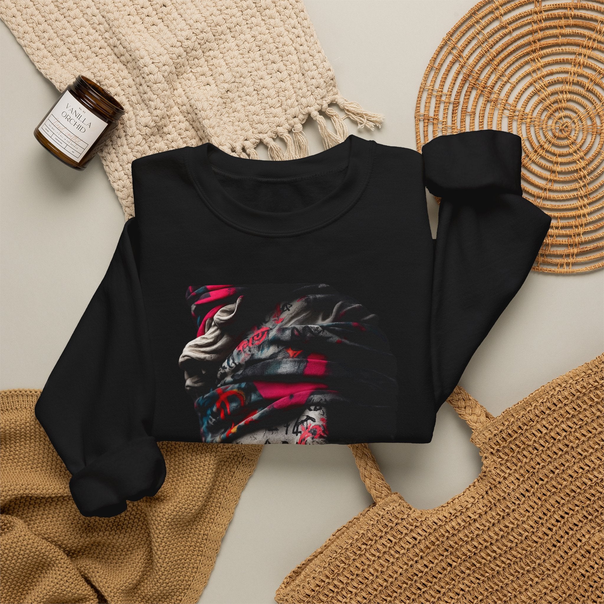 Graffiti Roman Bust Crewneck Sweatshirt — Statue Head Urban Art Graphic - Sculpted Heritage