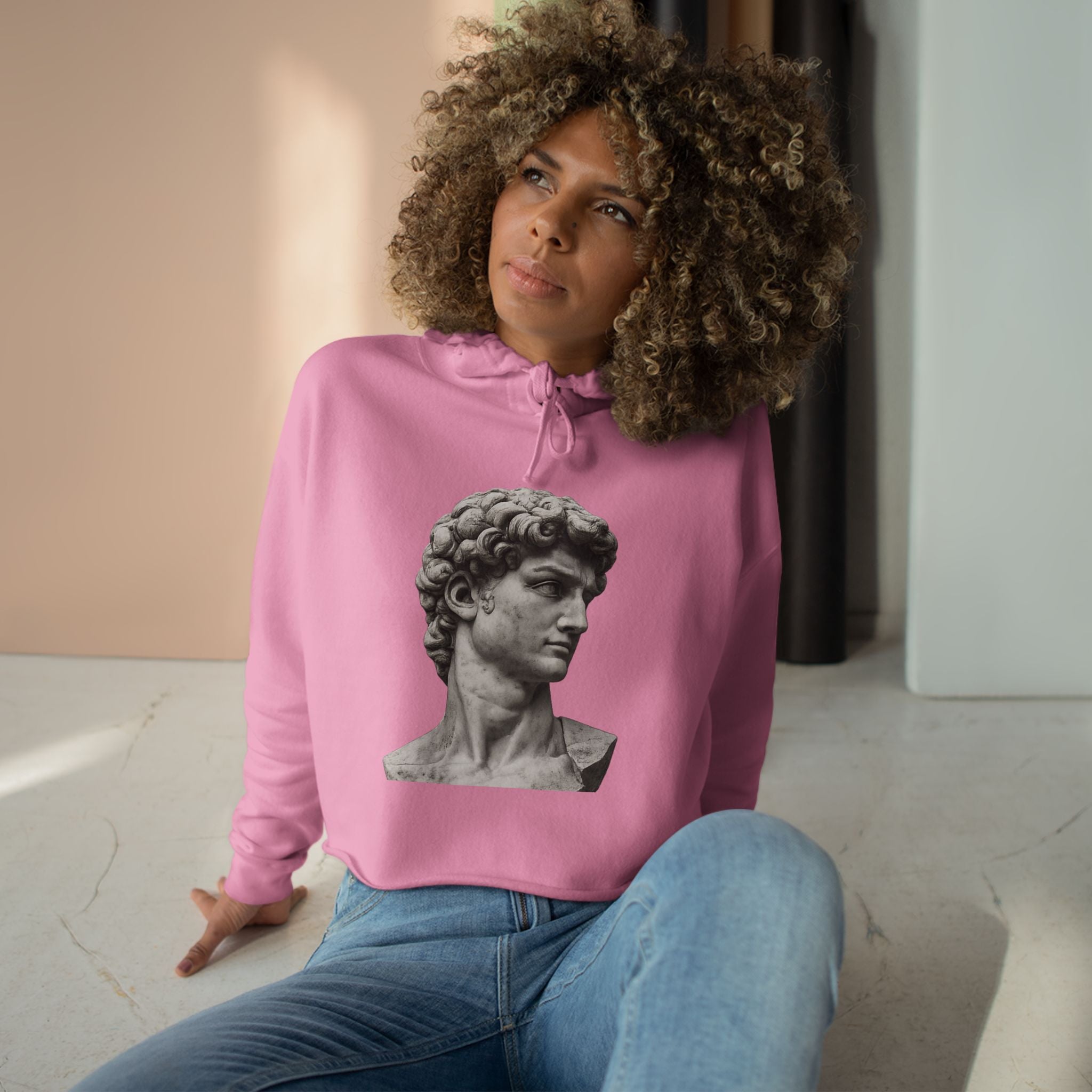 Cropped Hoodie with Michelangelo David Bust Print — Minimalist Artwear - Sculpted Heritage