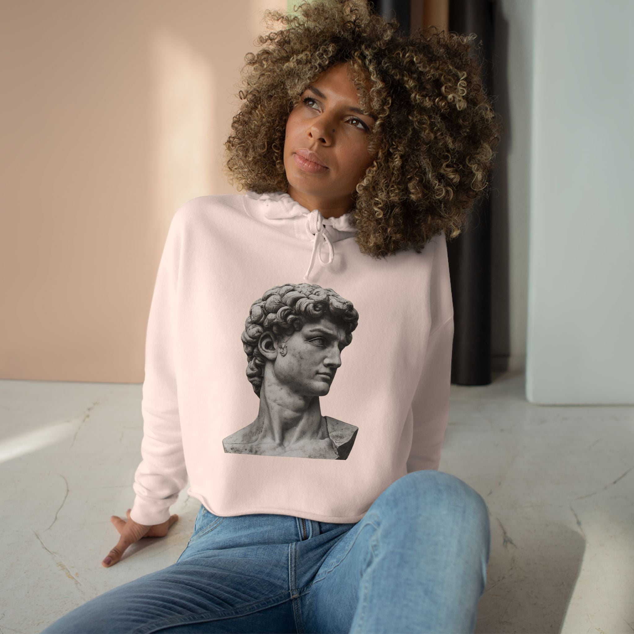 Cropped Hoodie with Michelangelo David Bust Print — Minimalist Artwear - Sculpted Heritage