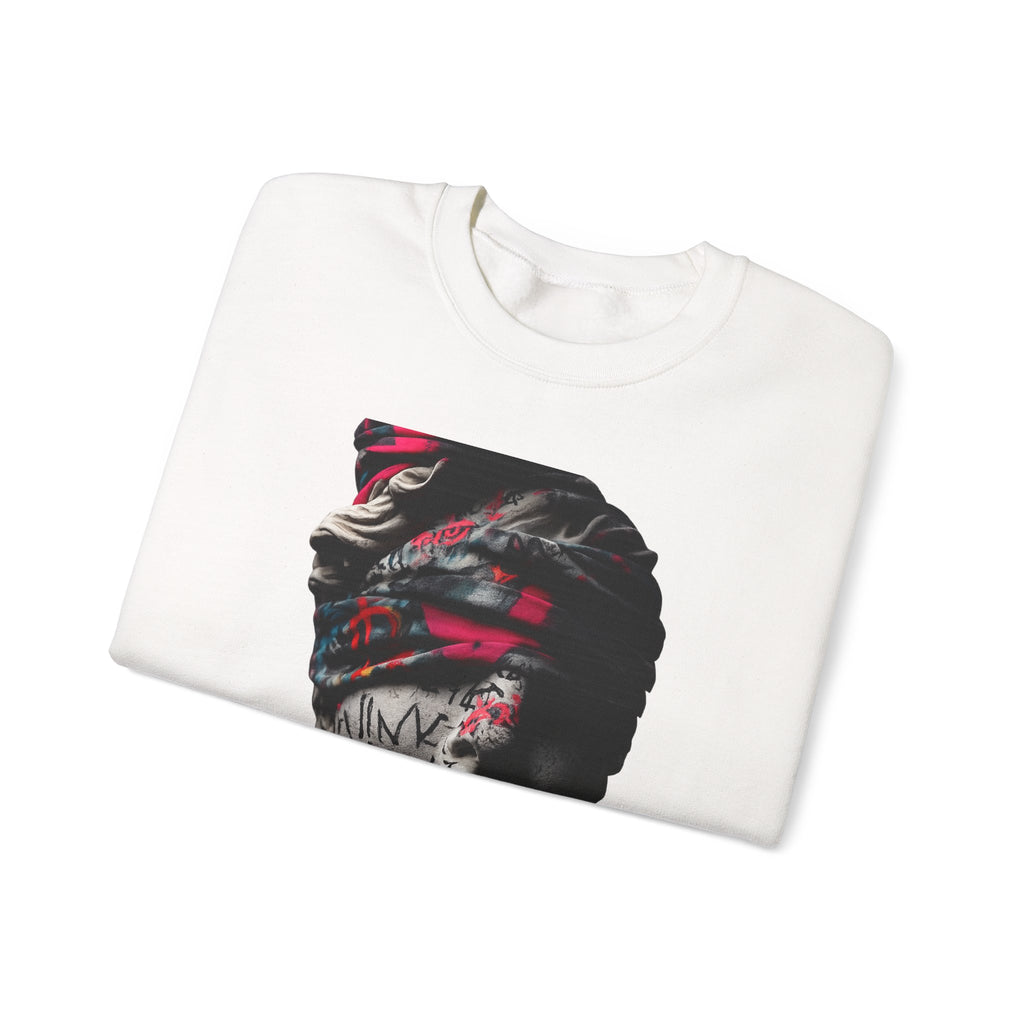 Graffiti Roman Bust Crewneck Sweatshirt — Statue Head Urban Art Graphic - Sculpted Heritage