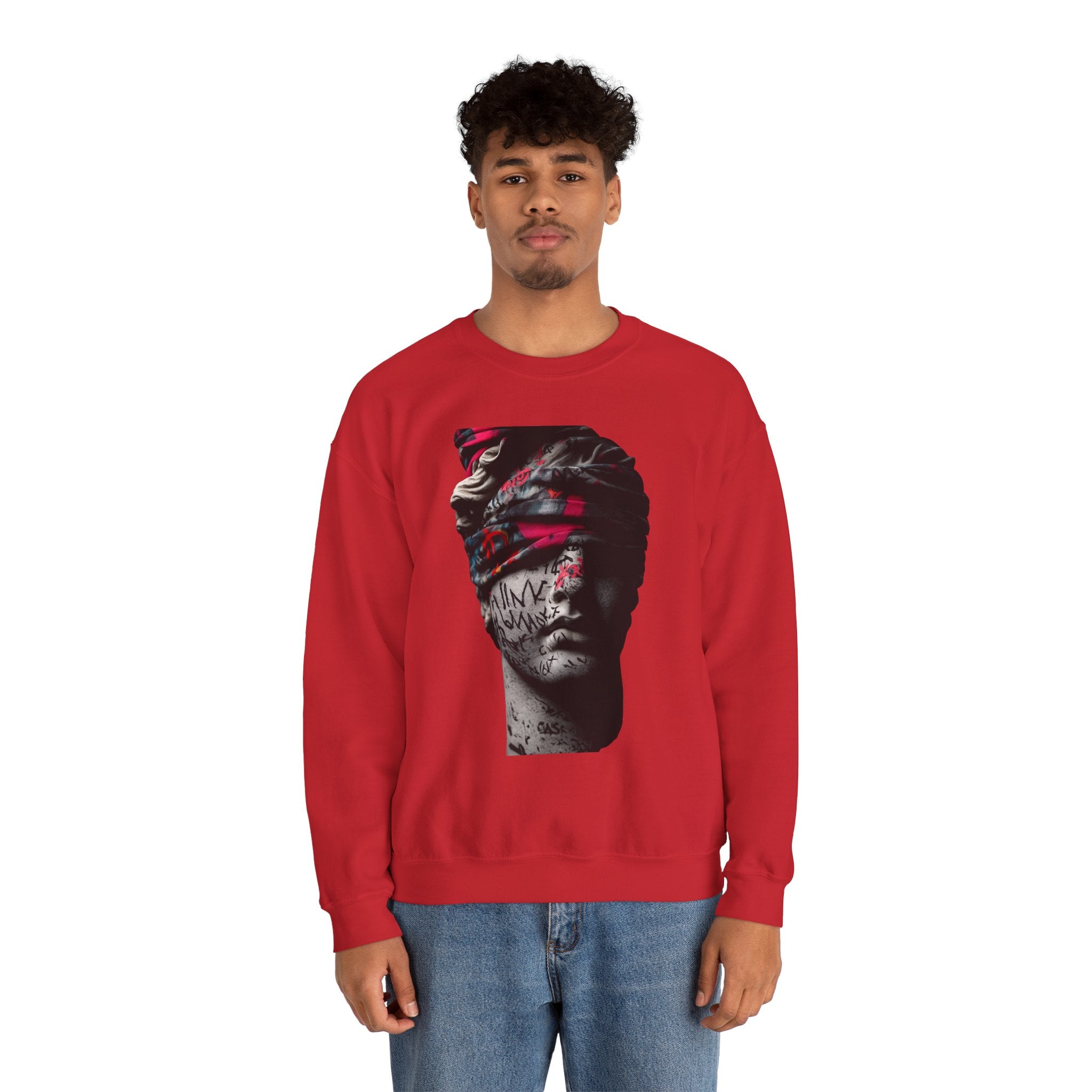 Graffiti Roman Bust Crewneck Sweatshirt — Statue Head Urban Art Graphic - Sculpted Heritage