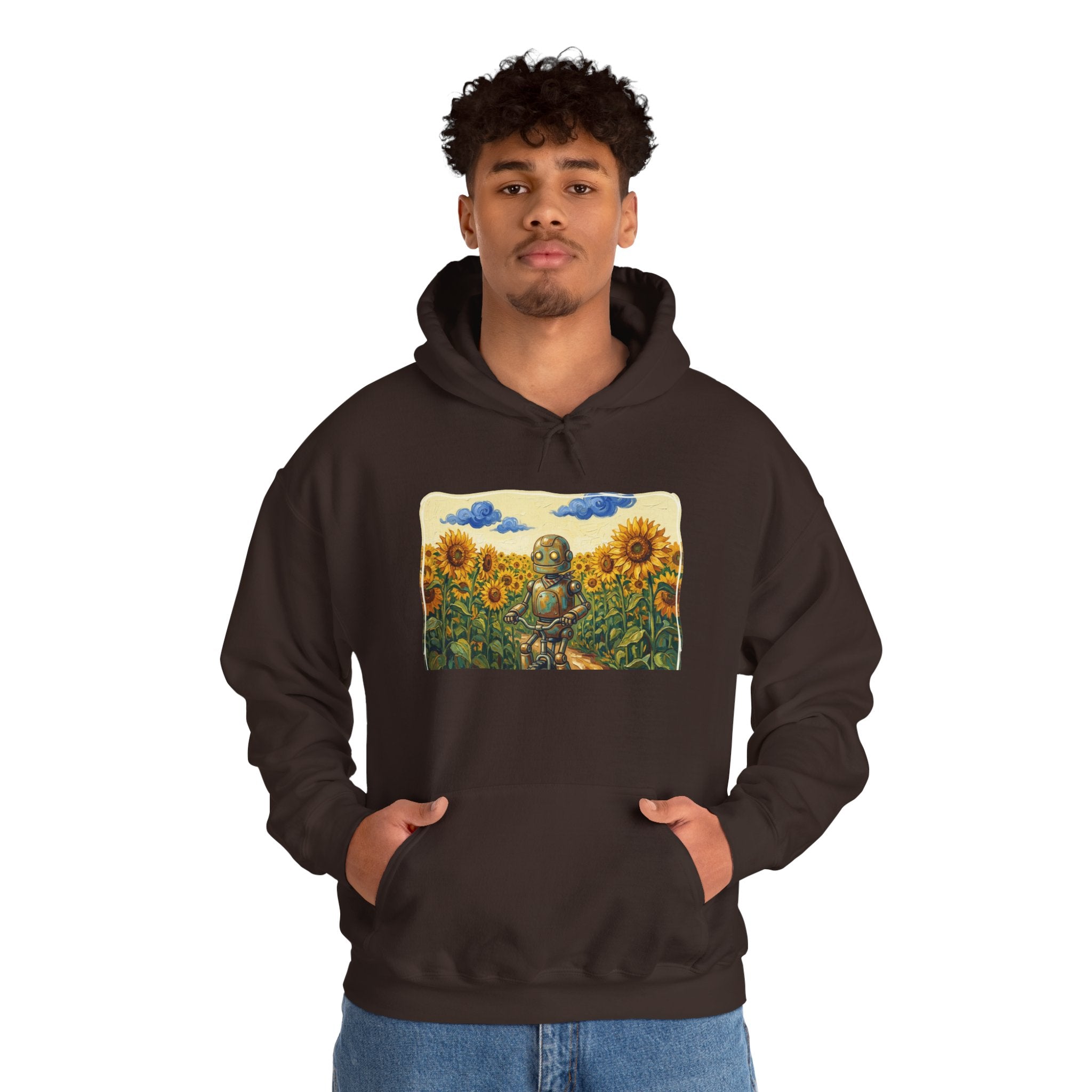 Heritage Hoodie — Vintage Robot in Sunflowers Graphic Sweatshirt - Sculpted Heritage