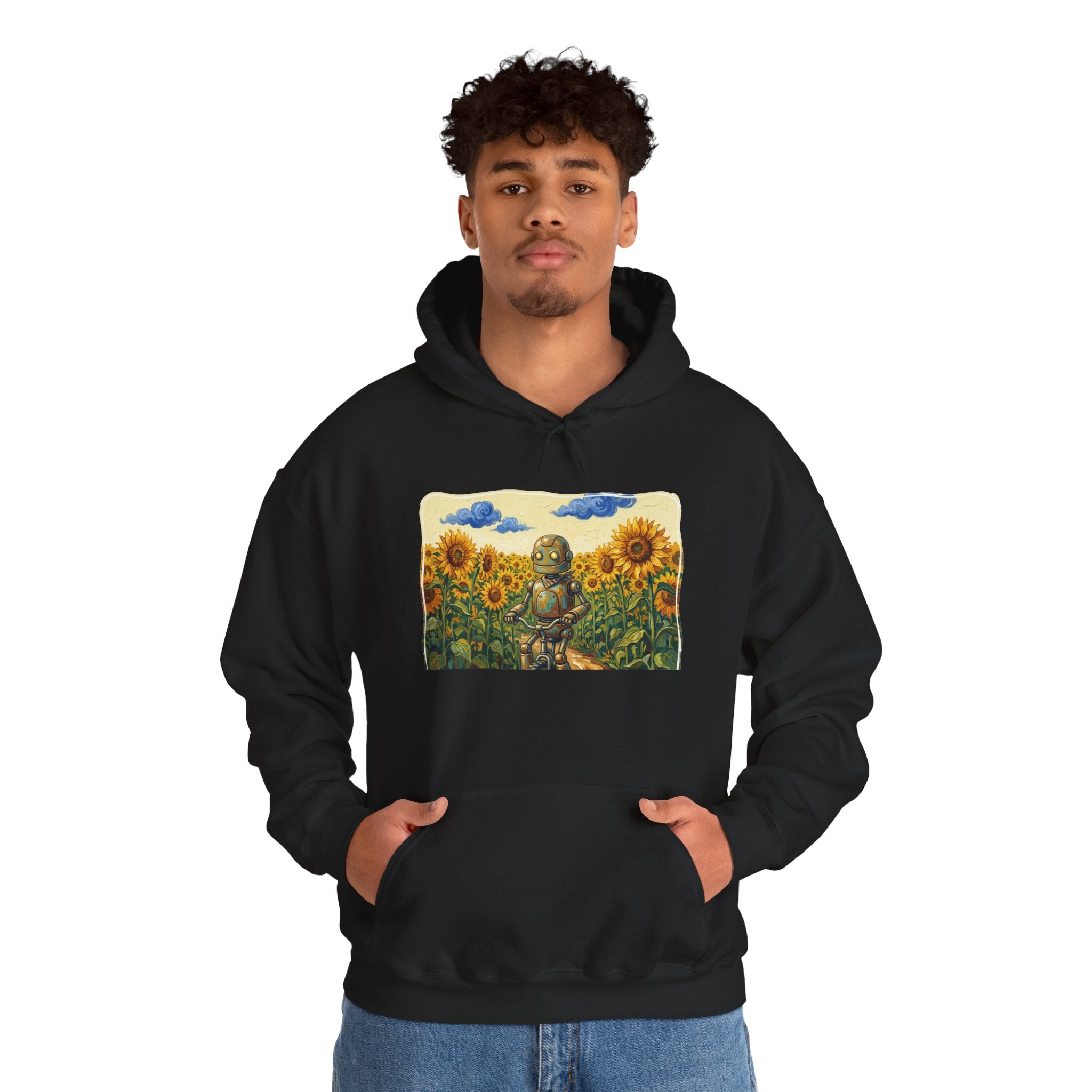Heritage Hoodie — Vintage Robot in Sunflowers Graphic Sweatshirt - Sculpted Heritage