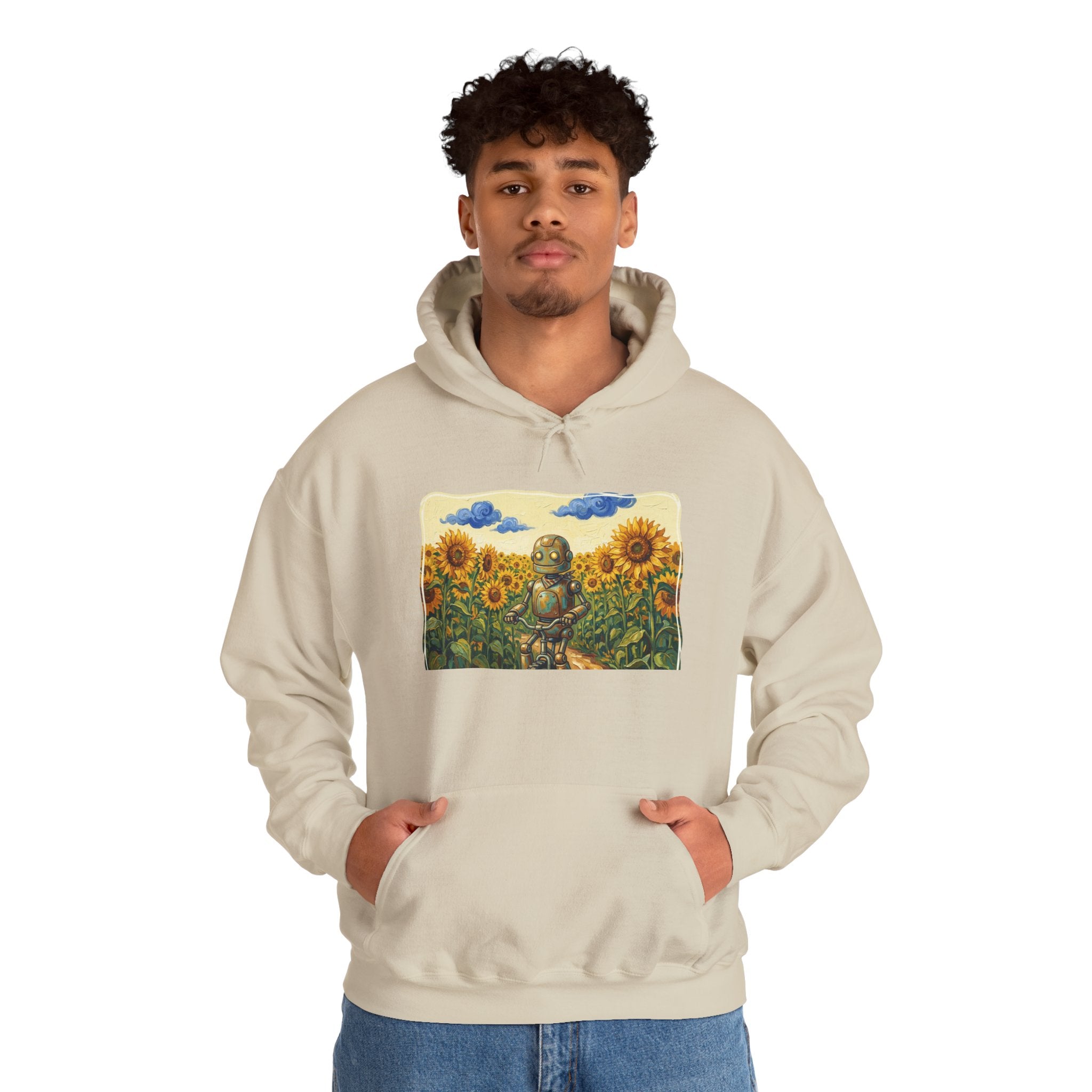 Heritage Hoodie — Vintage Robot in Sunflowers Graphic Sweatshirt - Sculpted Heritage