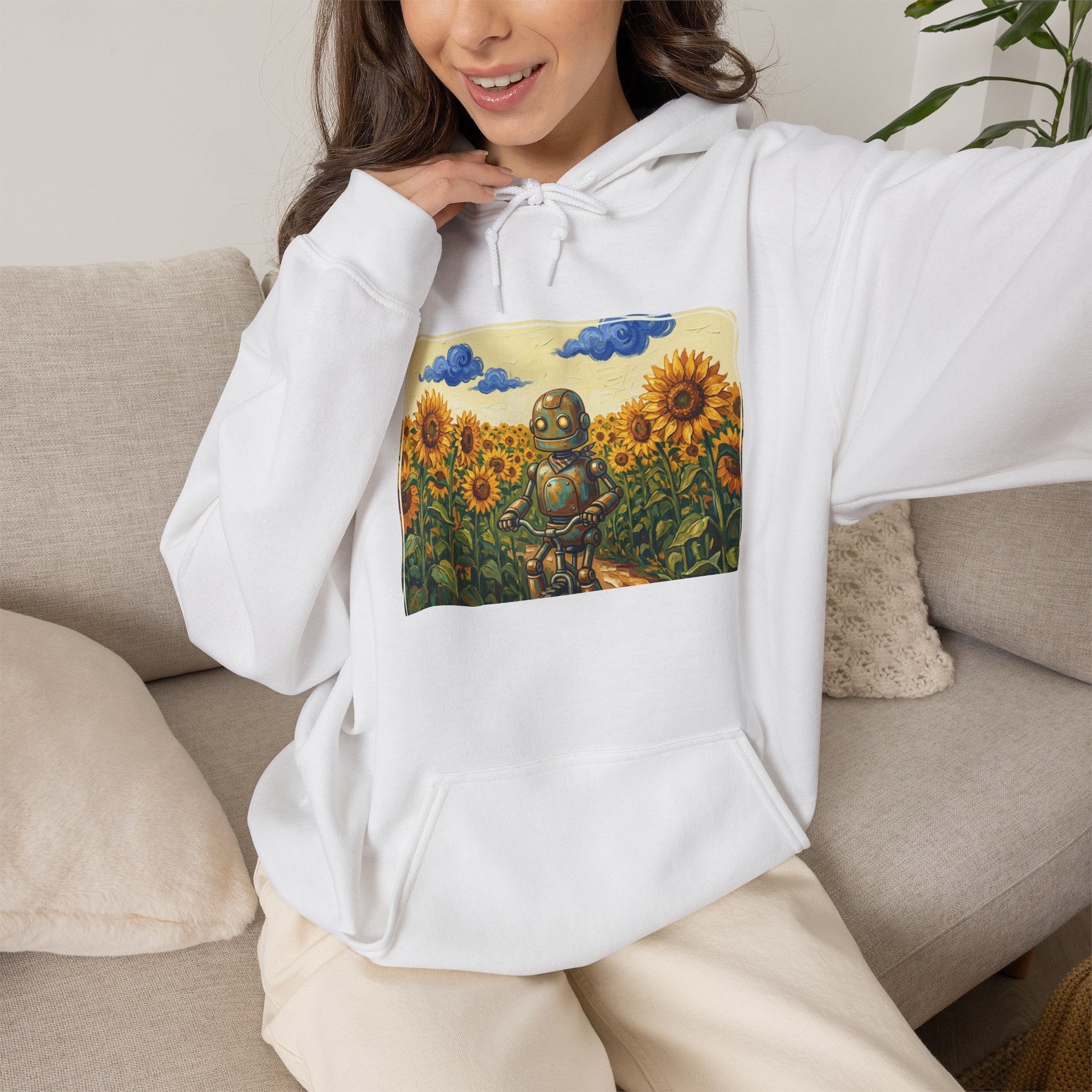 Heritage Hoodie — Vintage Robot in Sunflowers Graphic Sweatshirt - Sculpted Heritage