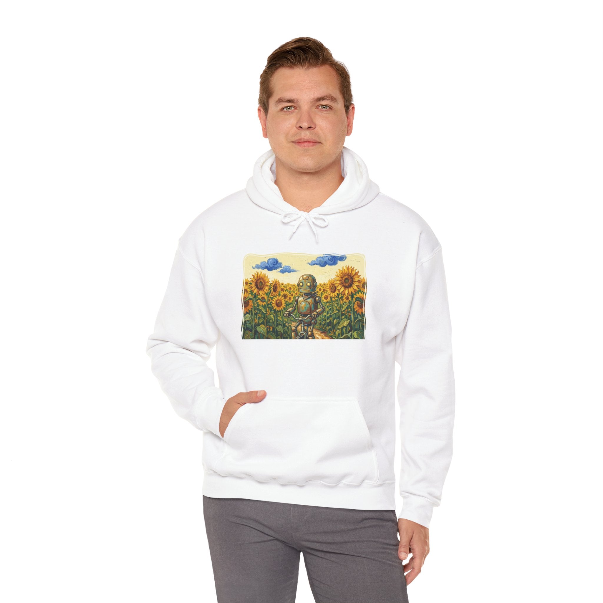 Heritage Hoodie — Vintage Robot in Sunflowers Graphic Sweatshirt - Sculpted Heritage