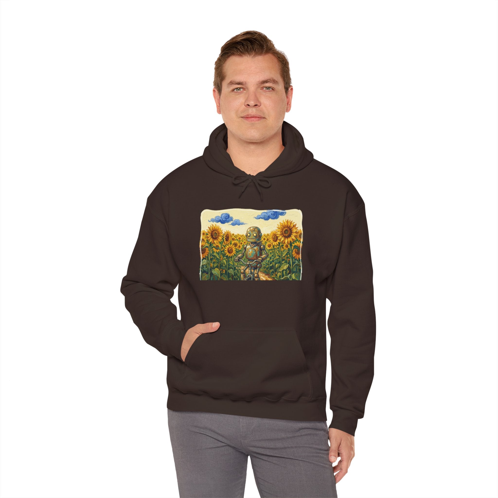 Heritage Hoodie — Vintage Robot in Sunflowers Graphic Sweatshirt - Sculpted Heritage