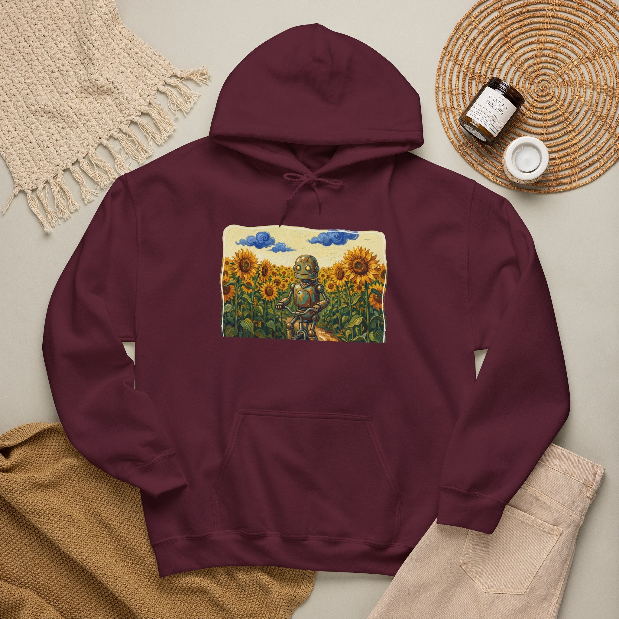Heritage Hoodie — Vintage Robot in Sunflowers Graphic Sweatshirt - Sculpted Heritage