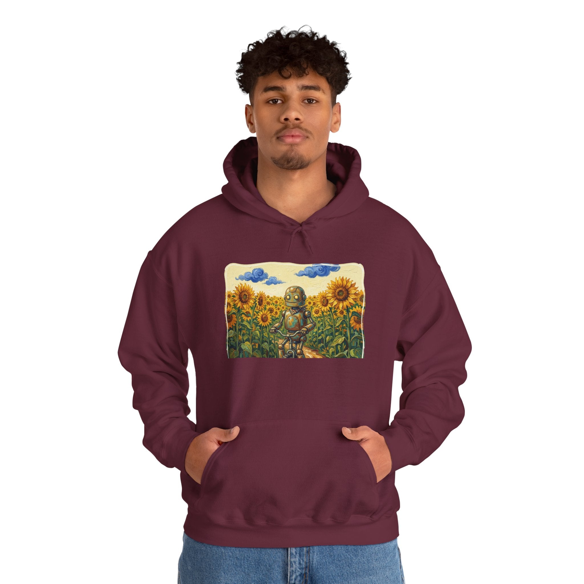 Heritage Hoodie — Vintage Robot in Sunflowers Graphic Sweatshirt - Sculpted Heritage