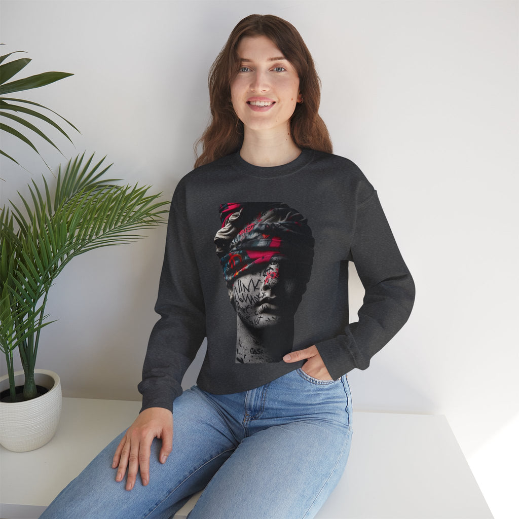 Graffiti Roman Bust Crewneck Sweatshirt — Statue Head Urban Art Graphic - Sculpted Heritage