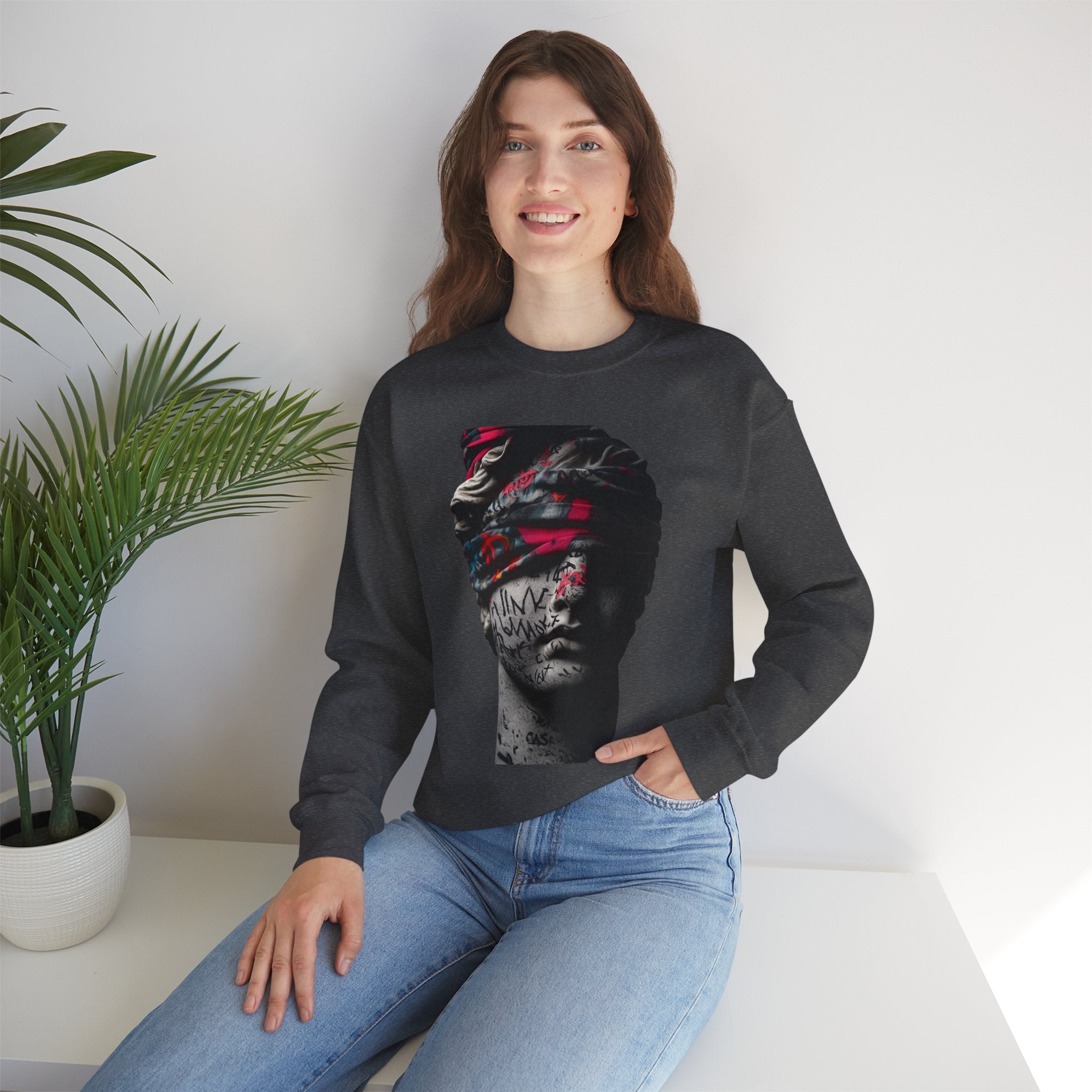 Graffiti Roman Bust Crewneck Sweatshirt — Statue Head Urban Art Graphic - Sculpted Heritage