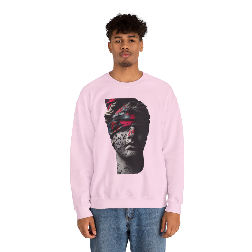 Graffiti Roman Bust Crewneck Sweatshirt — Statue Head Urban Art Graphic - Sculpted Heritage