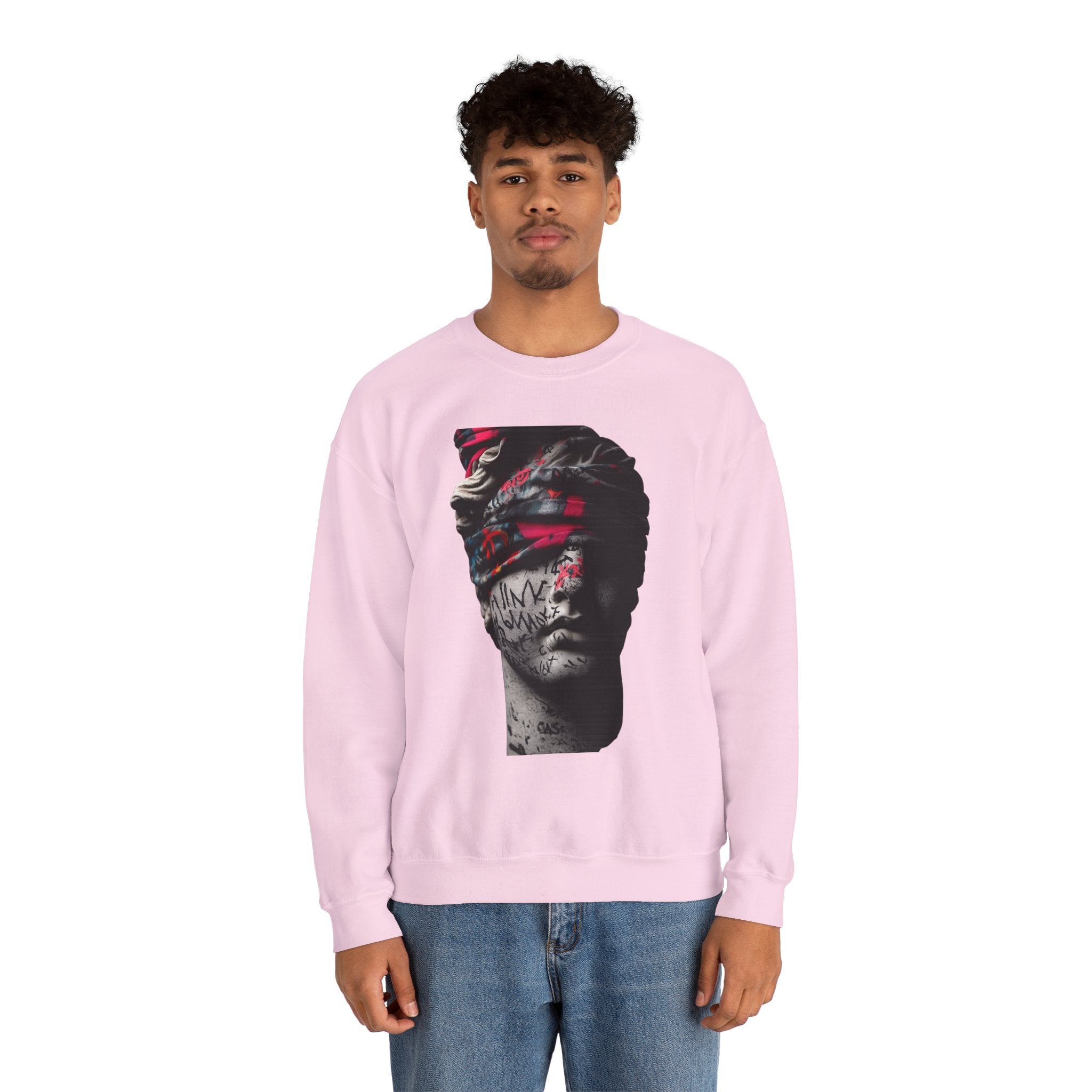 Graffiti Roman Bust Crewneck Sweatshirt — Statue Head Urban Art Graphic - Sculpted Heritage