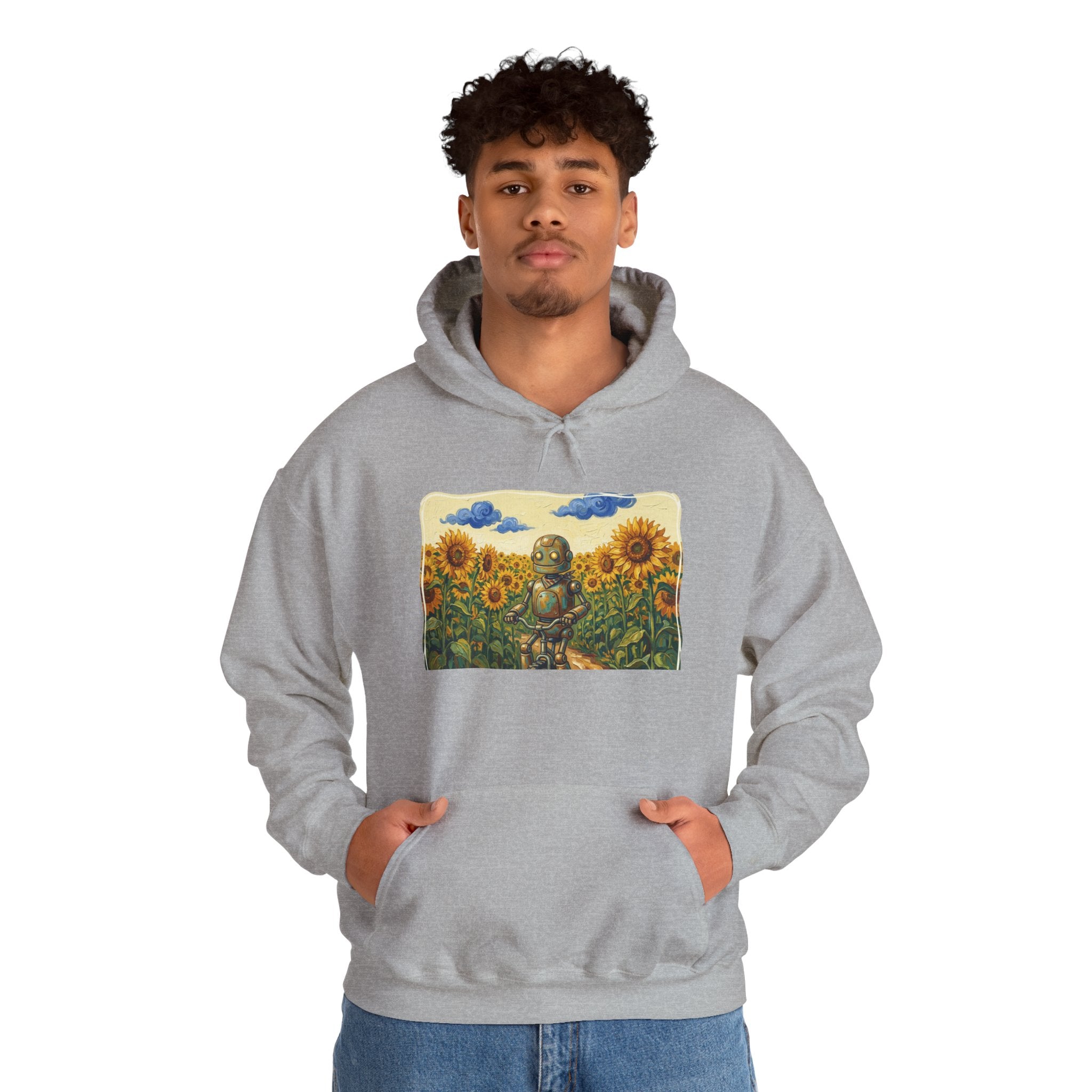 Heritage Hoodie — Vintage Robot in Sunflowers Graphic Sweatshirt - Sculpted Heritage