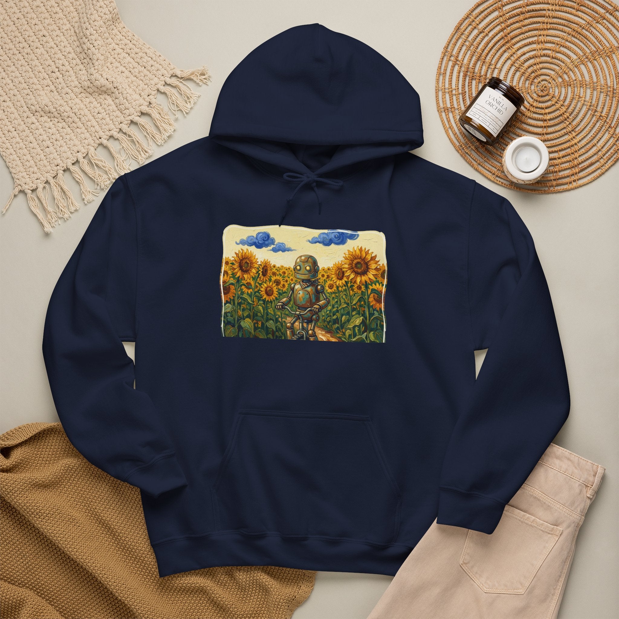 Heritage Hoodie — Vintage Robot in Sunflowers Graphic Sweatshirt - Sculpted Heritage
