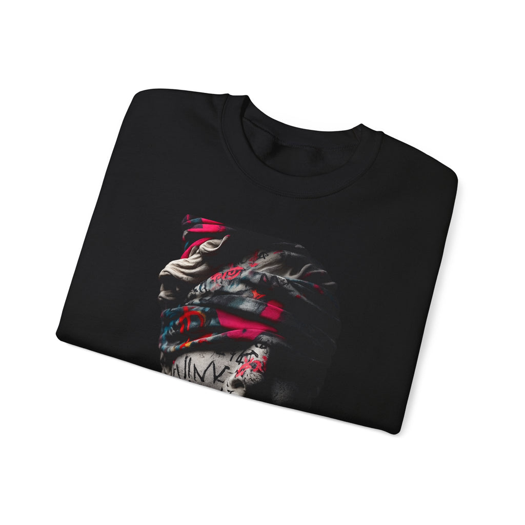 Graffiti Roman Bust Crewneck Sweatshirt — Statue Head Urban Art Graphic - Sculpted Heritage