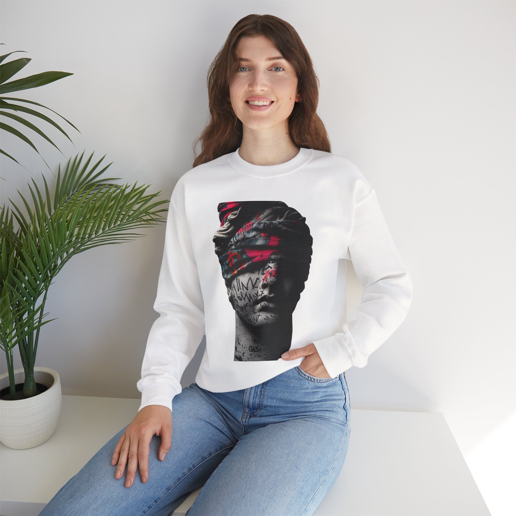 Graffiti Roman Bust Crewneck Sweatshirt — Statue Head Urban Art Graphic - Sculpted Heritage