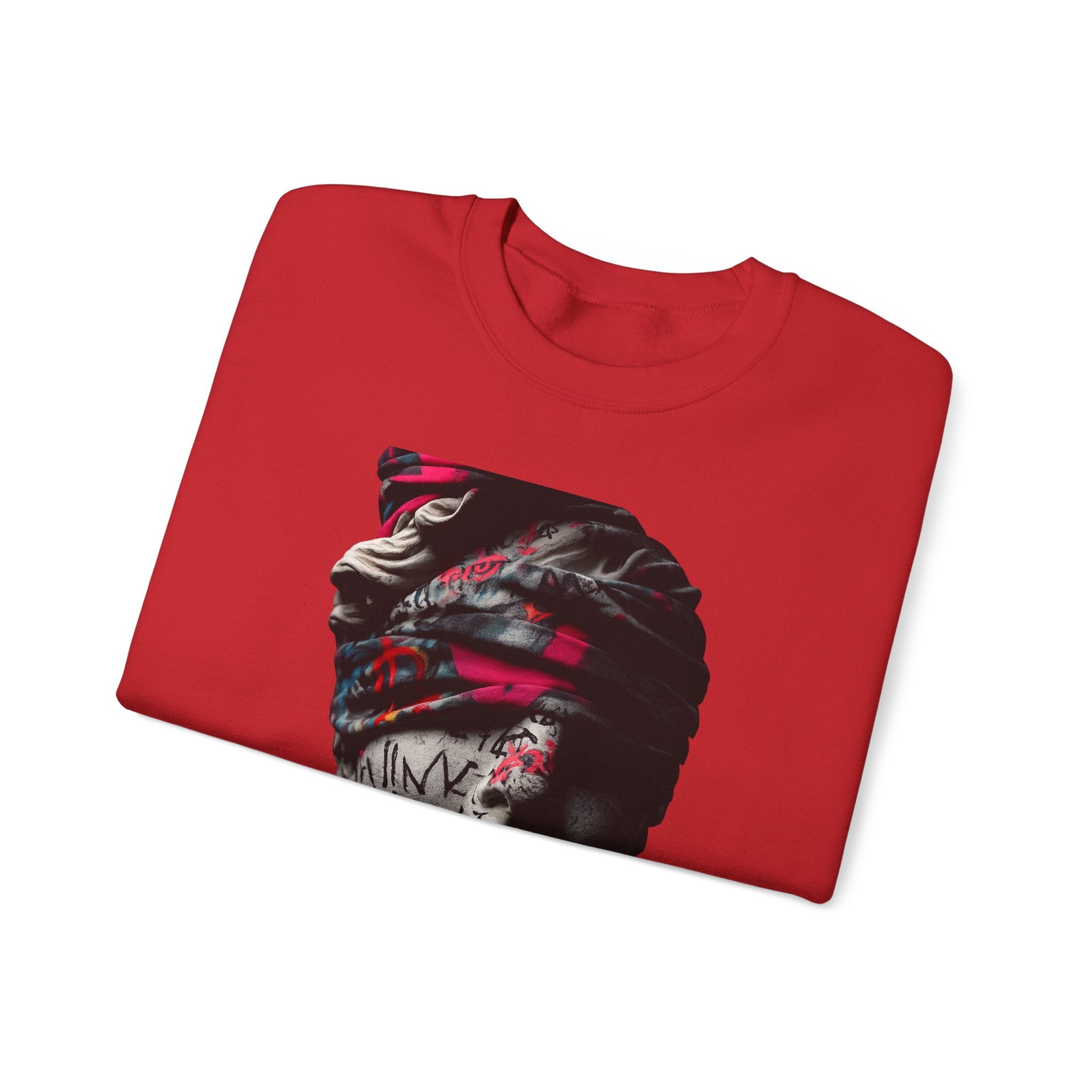 Graffiti Roman Bust Crewneck Sweatshirt — Statue Head Urban Art Graphic - Sculpted Heritage