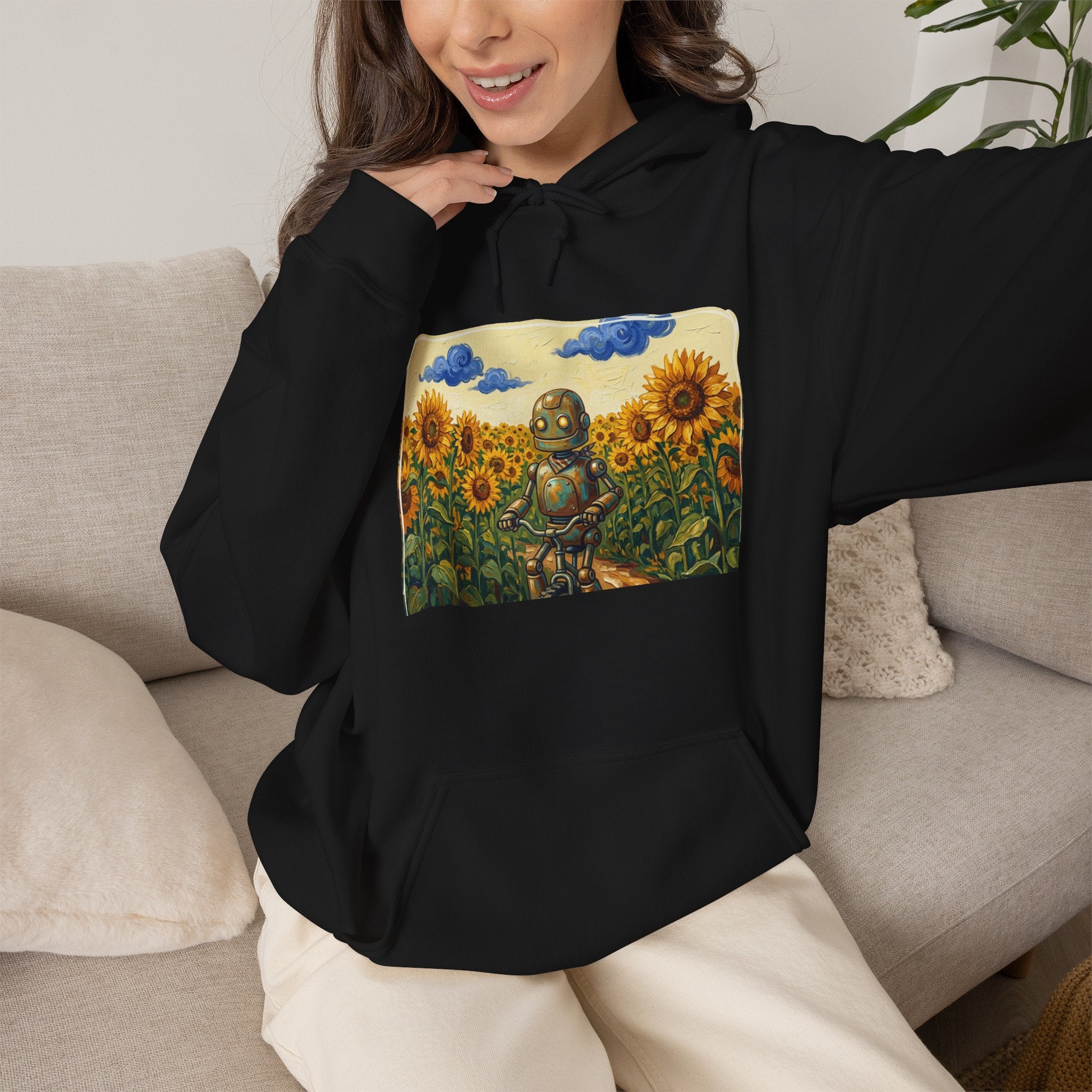 Heritage Hoodie — Vintage Robot in Sunflowers Graphic Sweatshirt - Sculpted Heritage