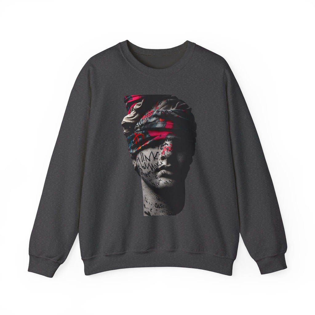 Graffiti Roman Bust Crewneck Sweatshirt — Statue Head Urban Art Graphic - Sculpted Heritage