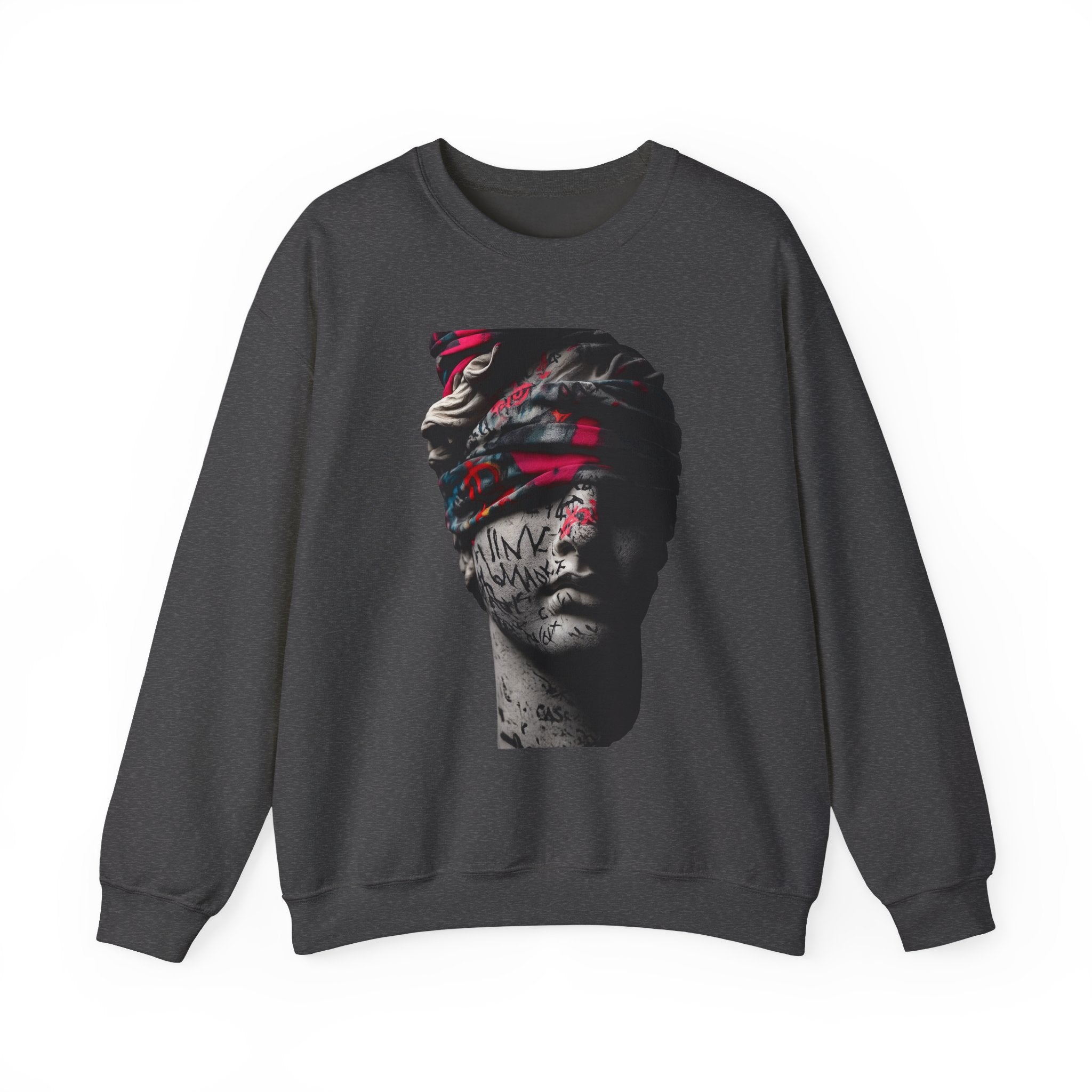 Graffiti Roman Bust Crewneck Sweatshirt — Statue Head Urban Art Graphic - Sculpted Heritage