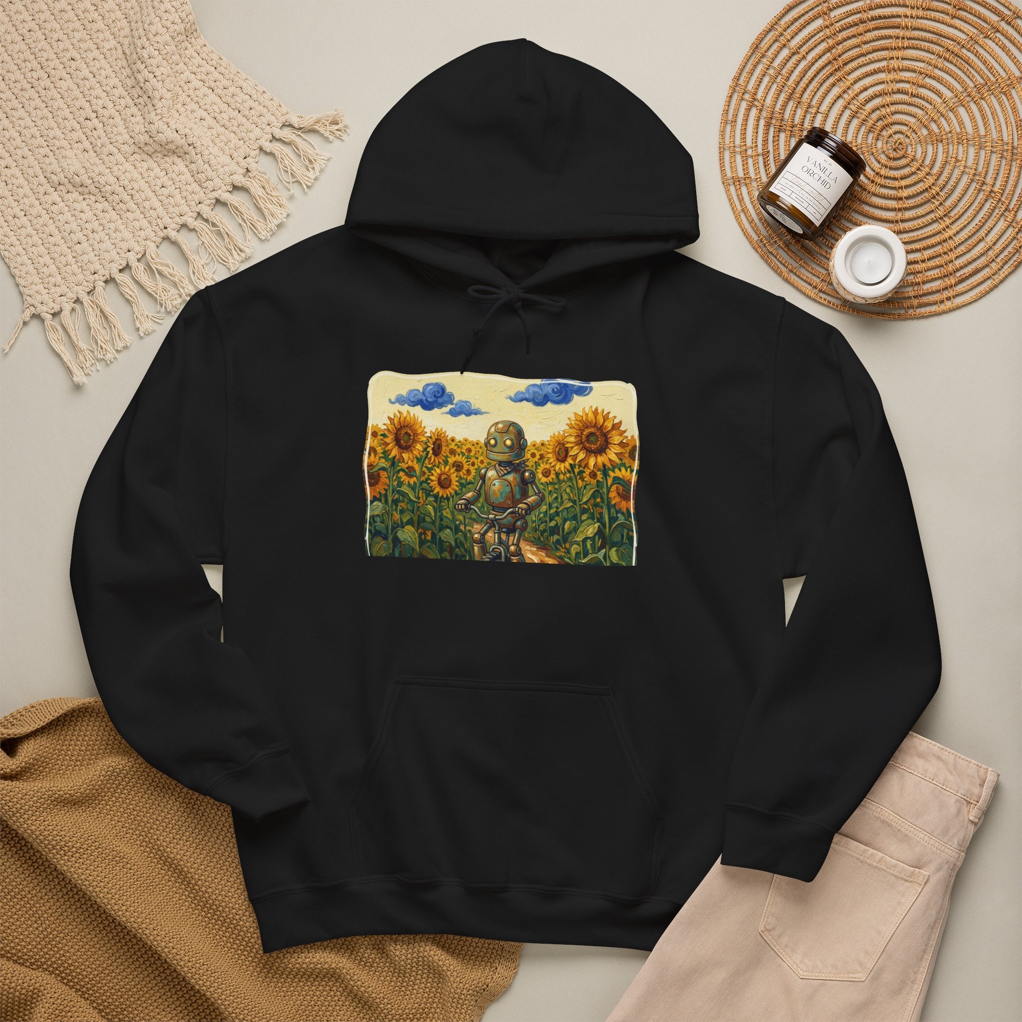 Heritage Hoodie — Vintage Robot in Sunflowers Graphic Sweatshirt - Sculpted Heritage