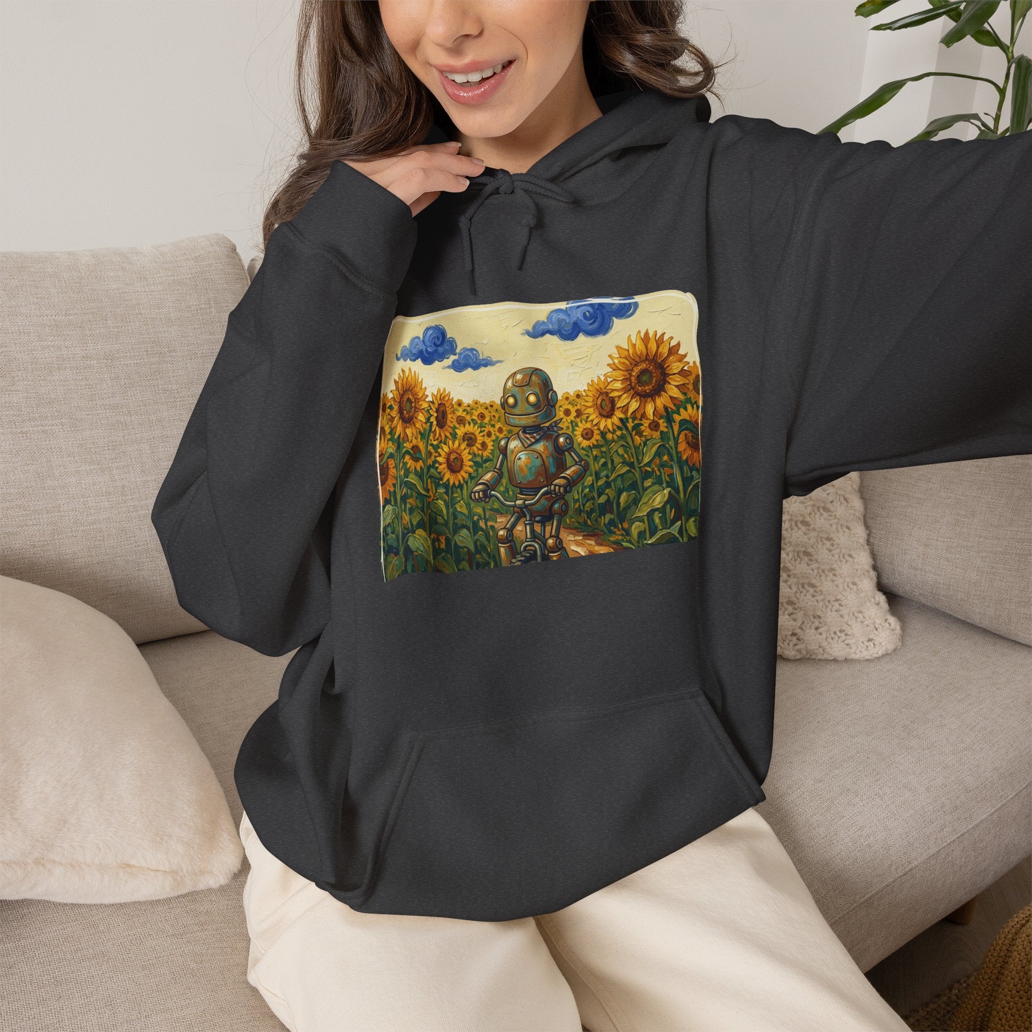 Heritage Hoodie — Vintage Robot in Sunflowers Graphic Sweatshirt - Sculpted Heritage