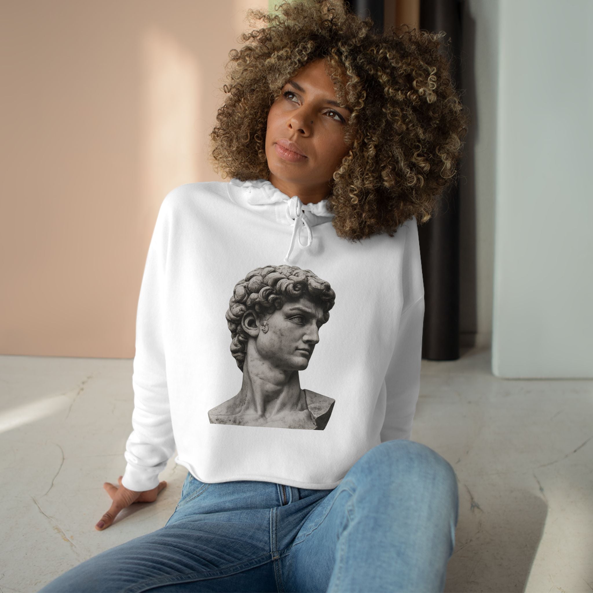 Cropped Hoodie with Michelangelo David Bust Print — Minimalist Artwear - Sculpted Heritage