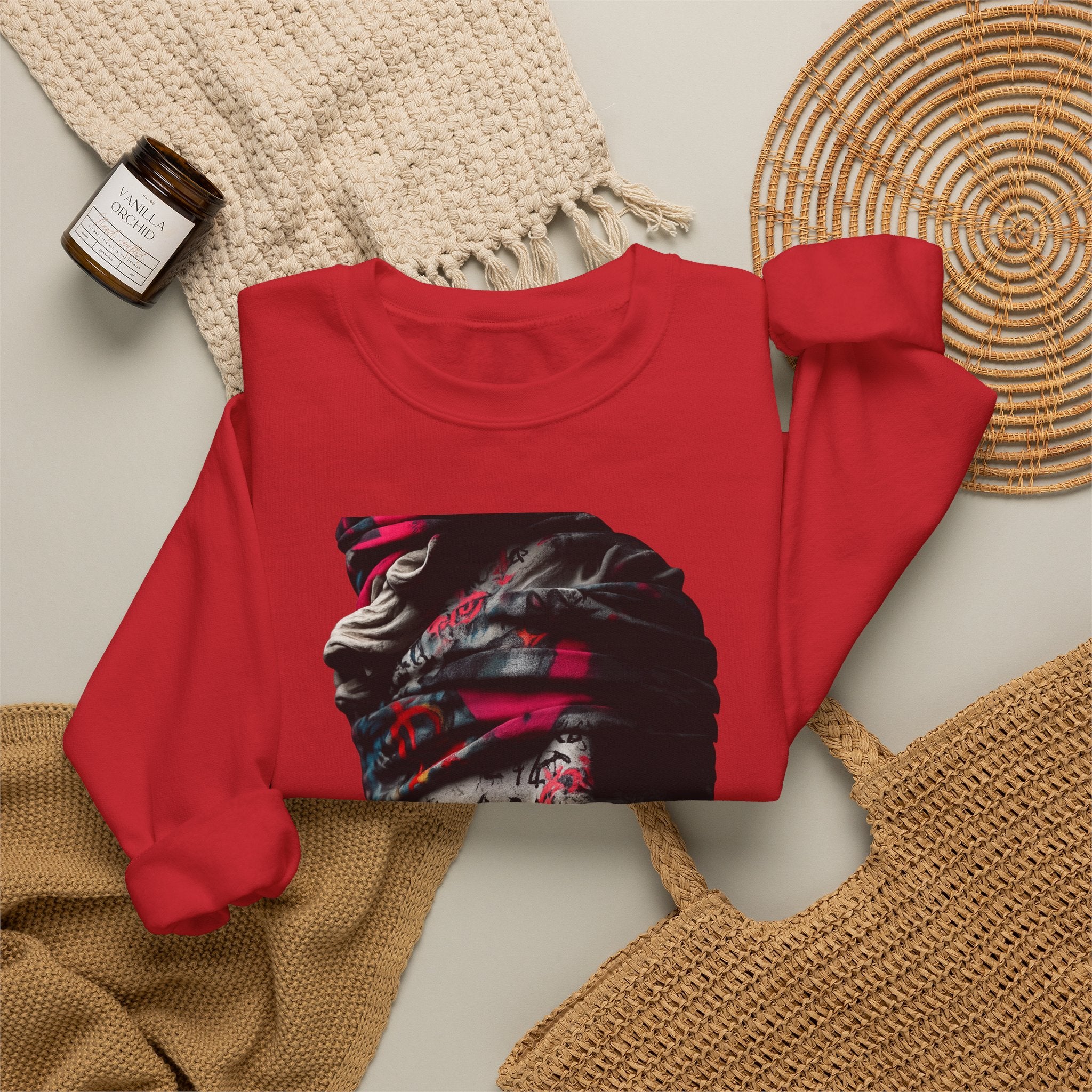 Graffiti Roman Bust Crewneck Sweatshirt — Statue Head Urban Art Graphic - Sculpted Heritage