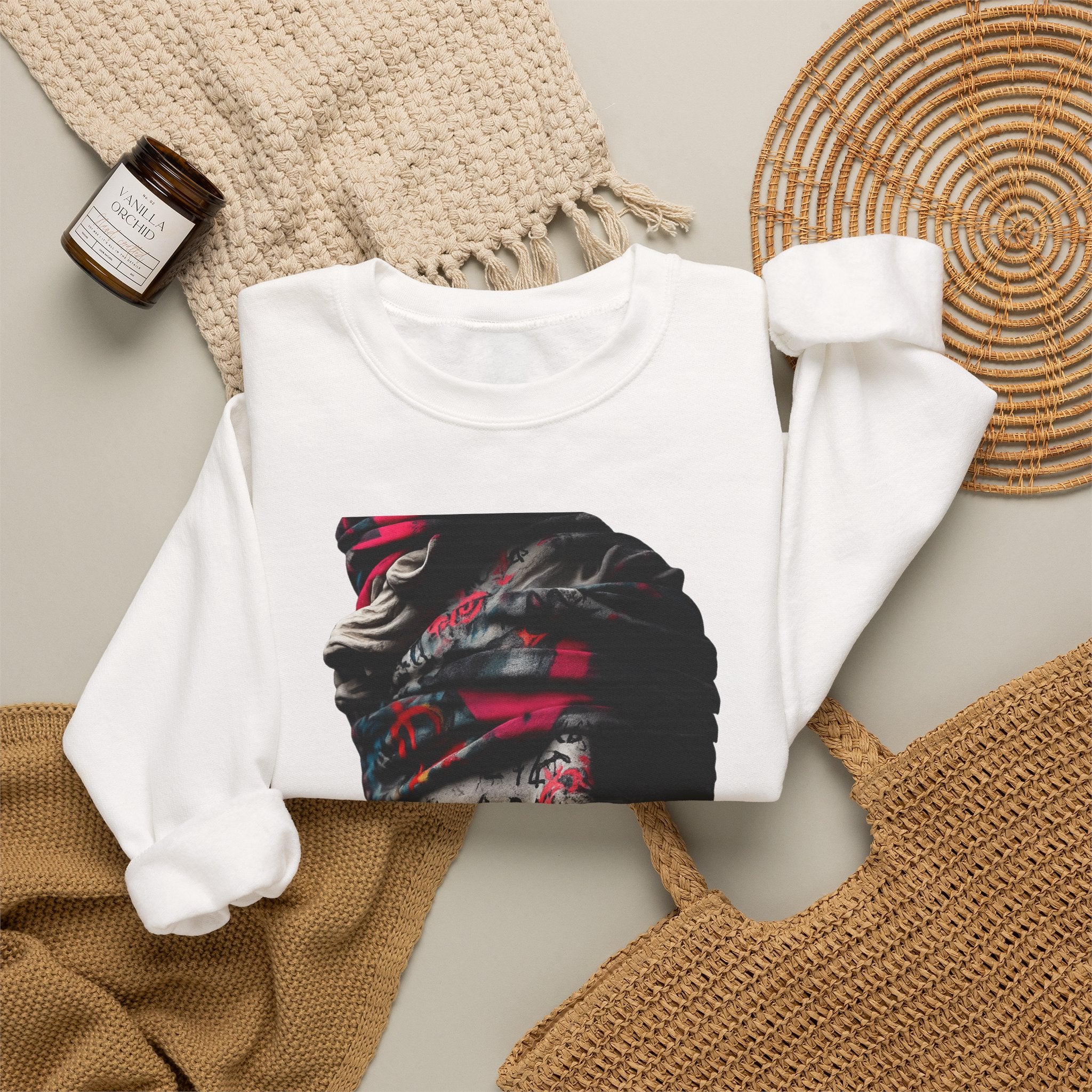 Graffiti Roman Bust Crewneck Sweatshirt — Statue Head Urban Art Graphic - Sculpted Heritage