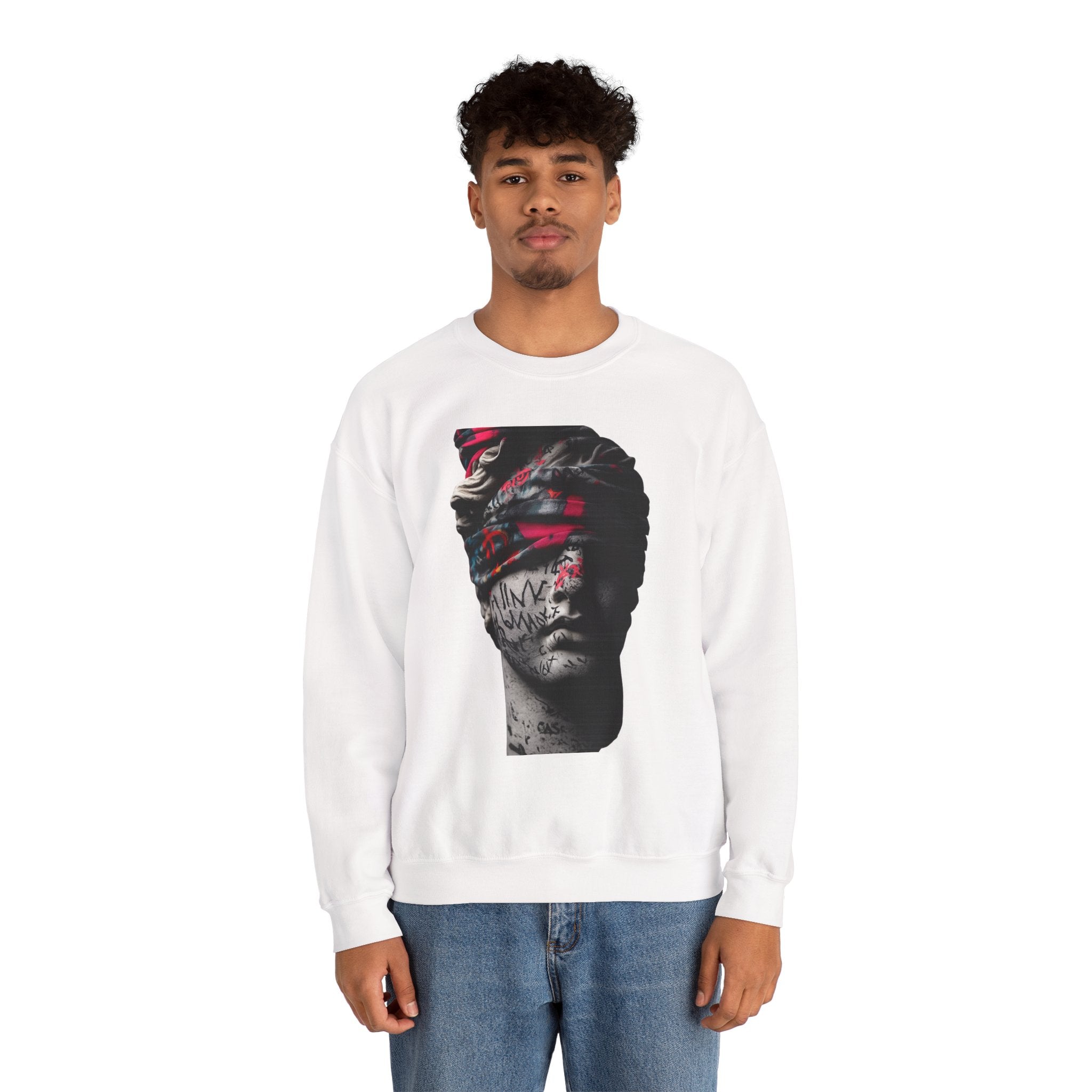 Graffiti Roman Bust Crewneck Sweatshirt — Statue Head Urban Art Graphic - Sculpted Heritage