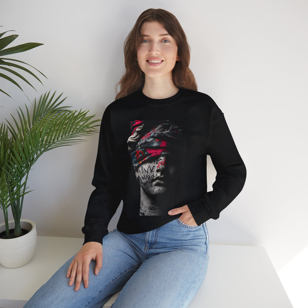 Graffiti Roman Bust Crewneck Sweatshirt — Statue Head Urban Art Graphic - Sculpted Heritage