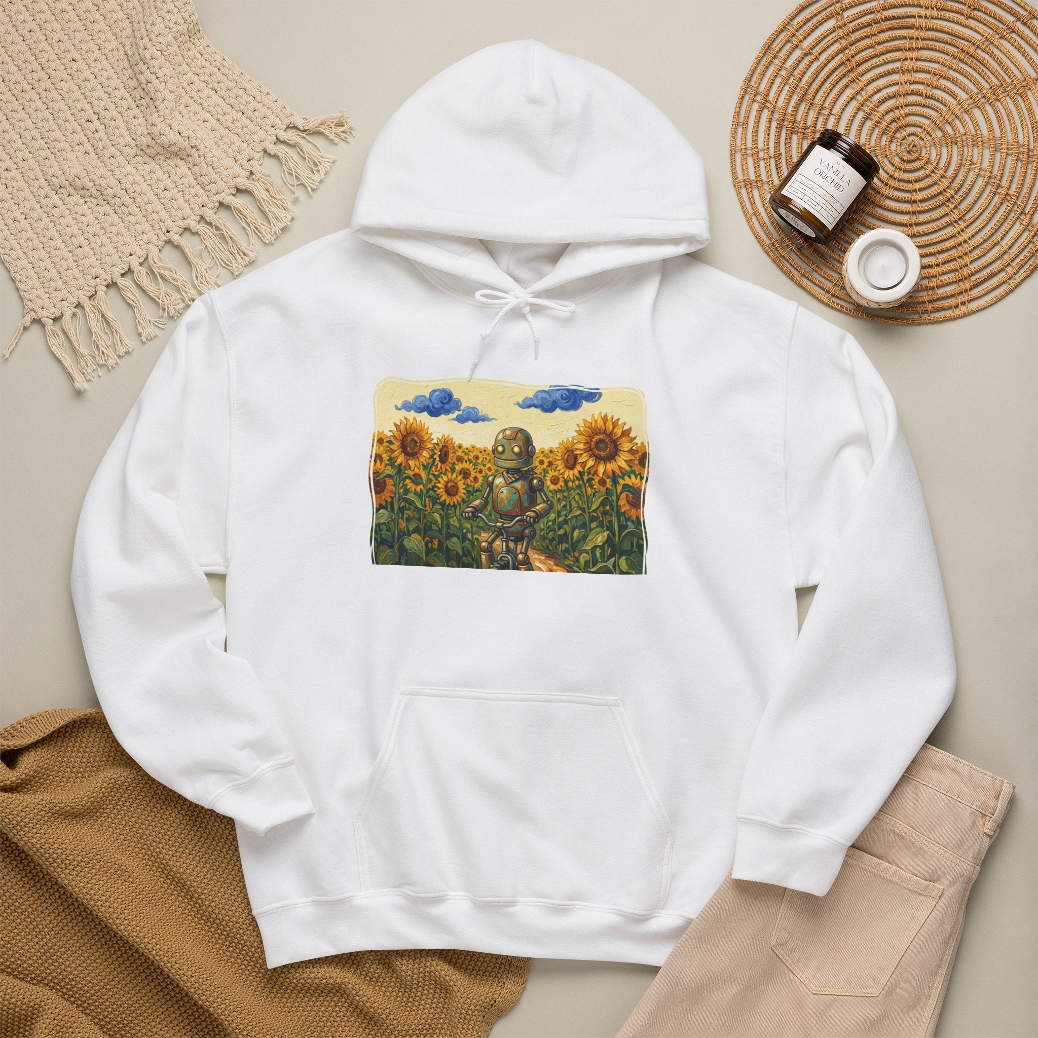 Heritage Hoodie — Vintage Robot in Sunflowers Graphic Sweatshirt - Sculpted Heritage