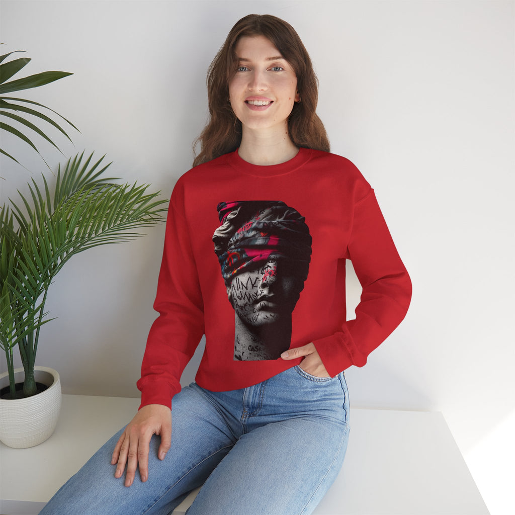 Graffiti Roman Bust Crewneck Sweatshirt — Statue Head Urban Art Graphic - Sculpted Heritage
