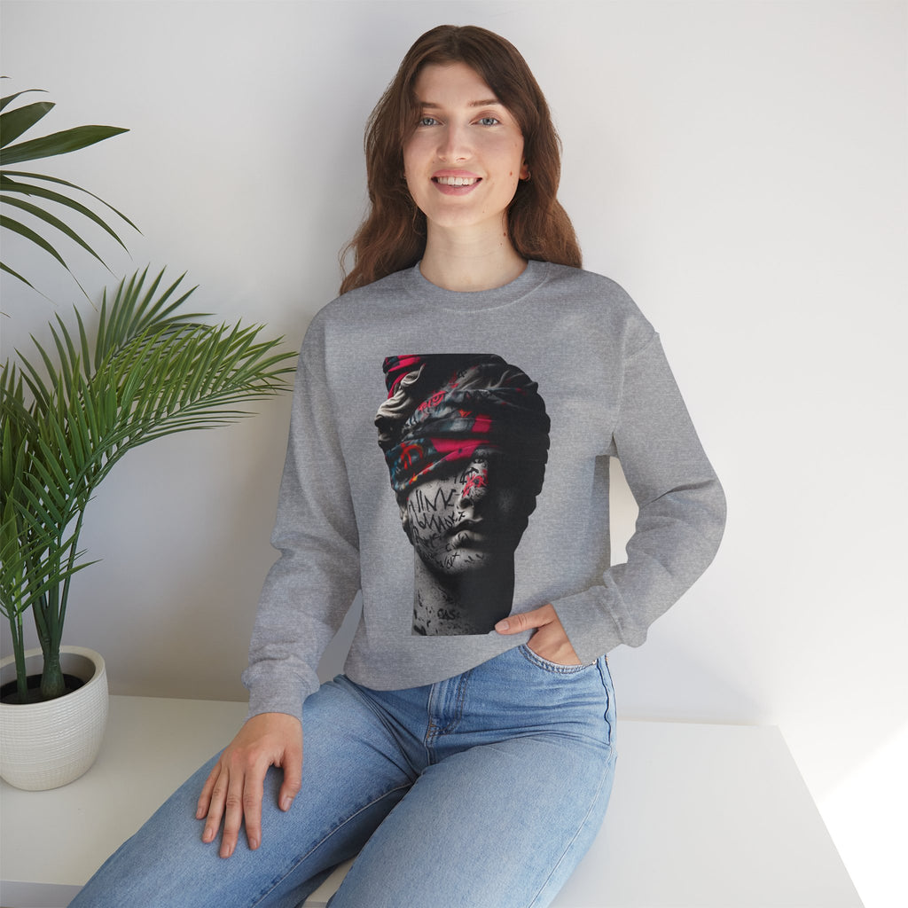 Graffiti Roman Bust Crewneck Sweatshirt — Statue Head Urban Art Graphic - Sculpted Heritage