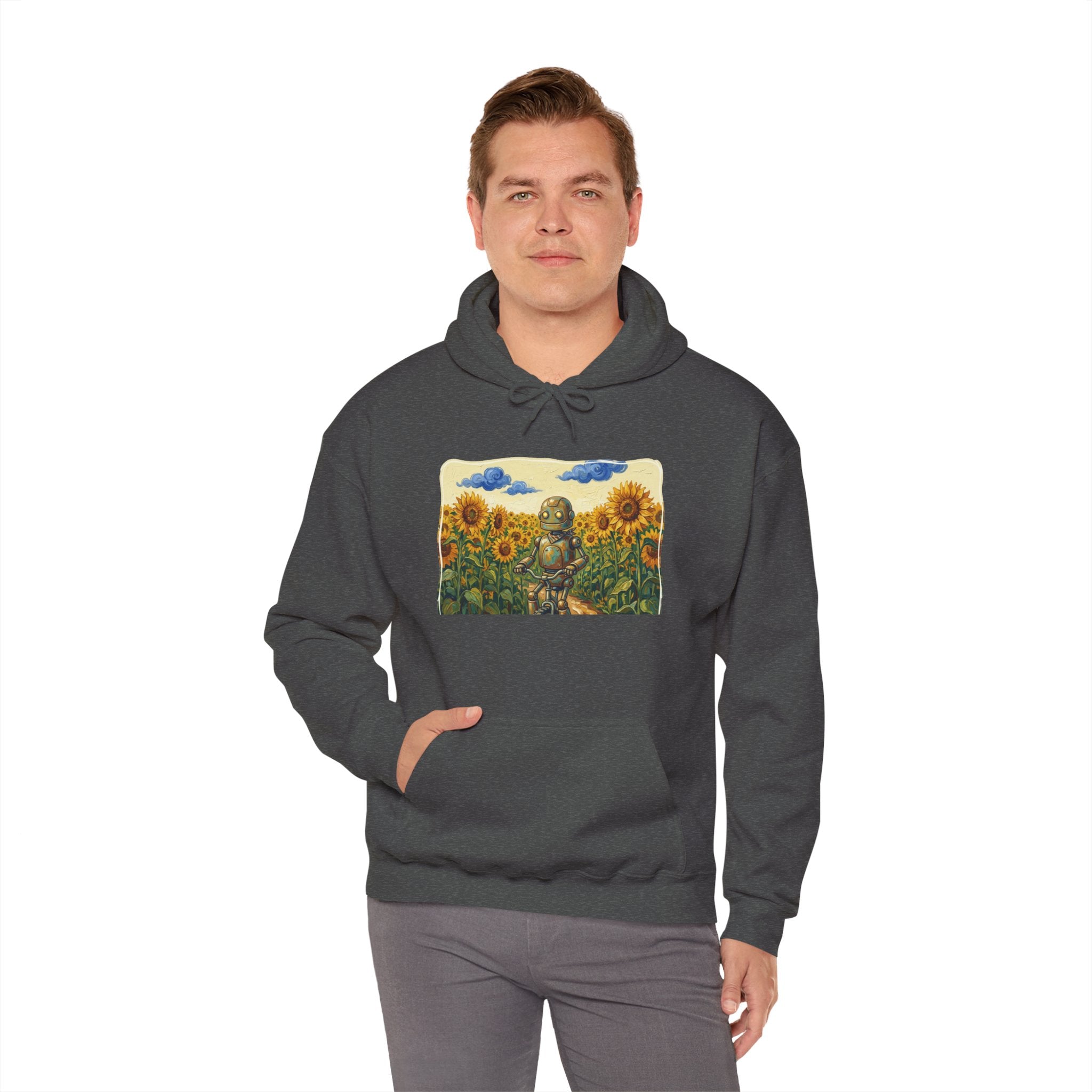 Heritage Hoodie — Vintage Robot in Sunflowers Graphic Sweatshirt - Sculpted Heritage