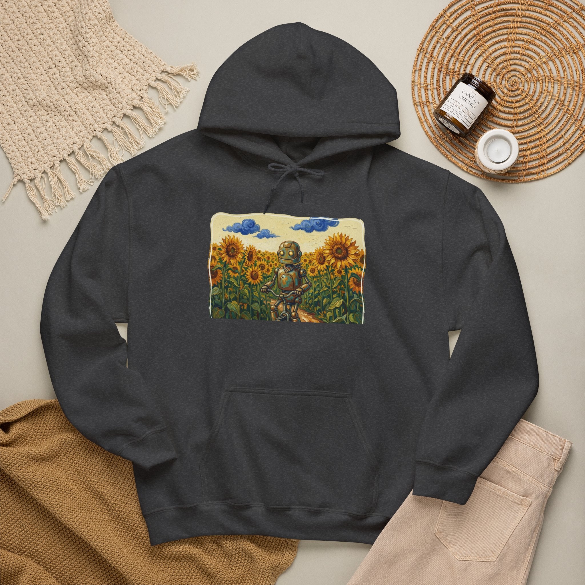 Heritage Hoodie — Vintage Robot in Sunflowers Graphic Sweatshirt - Sculpted Heritage