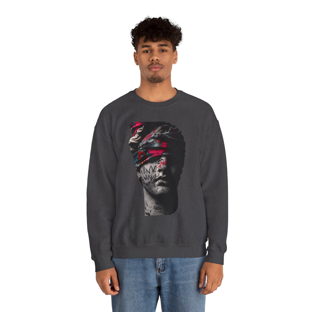 Graffiti Roman Bust Crewneck Sweatshirt — Statue Head Urban Art Graphic - Sculpted Heritage