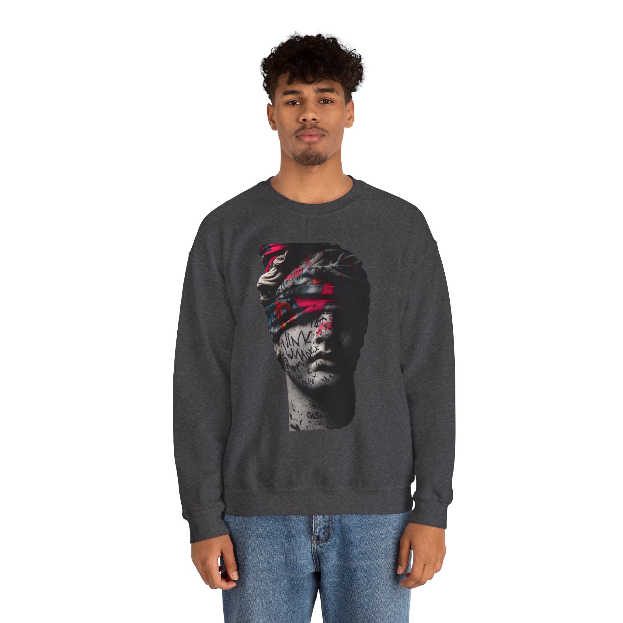 Graffiti Roman Bust Crewneck Sweatshirt — Statue Head Urban Art Graphic - Sculpted Heritage