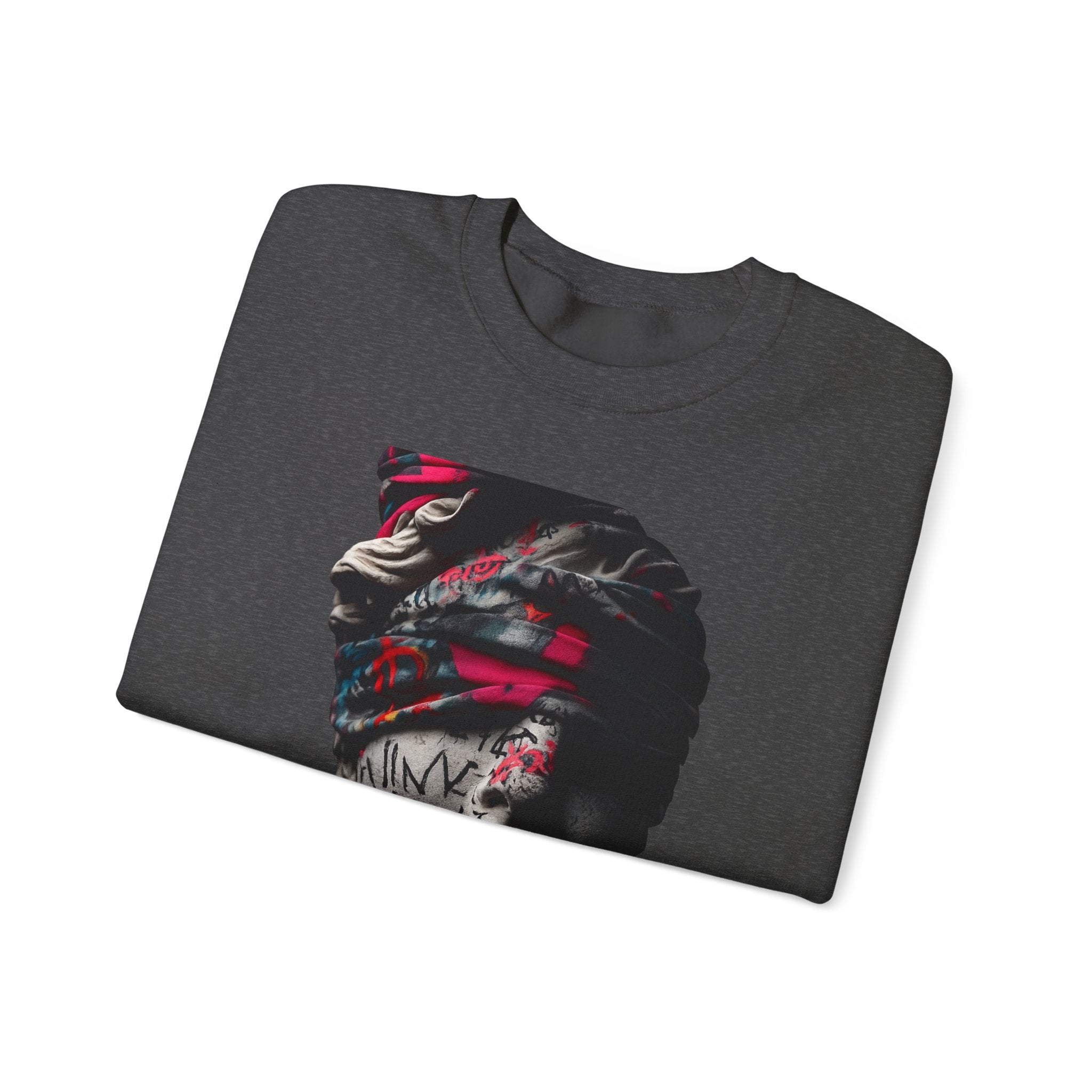 Graffiti Roman Bust Crewneck Sweatshirt — Statue Head Urban Art Graphic - Sculpted Heritage