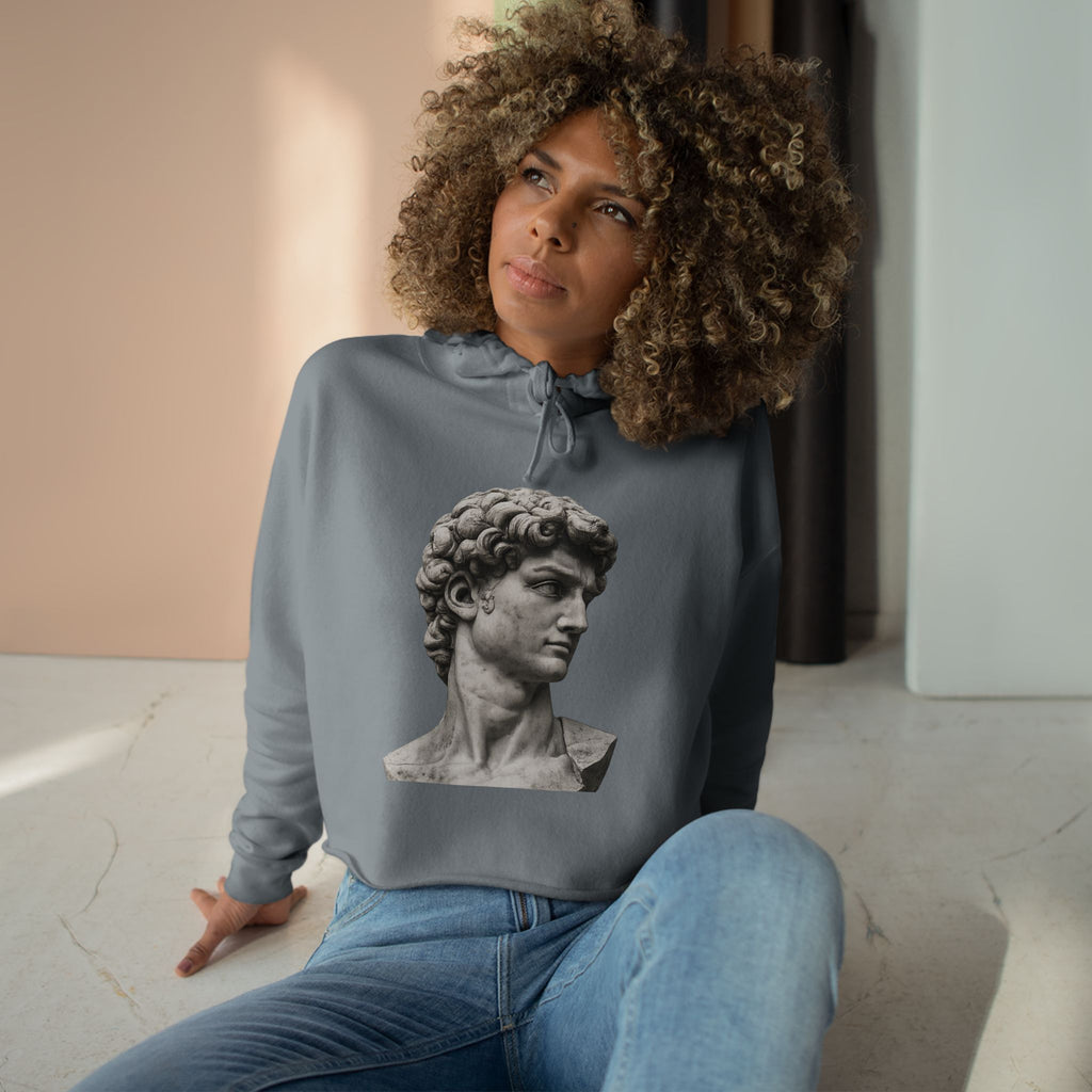 Cropped Hoodie with Michelangelo David Bust Print — Minimalist Artwear - Sculpted Heritage