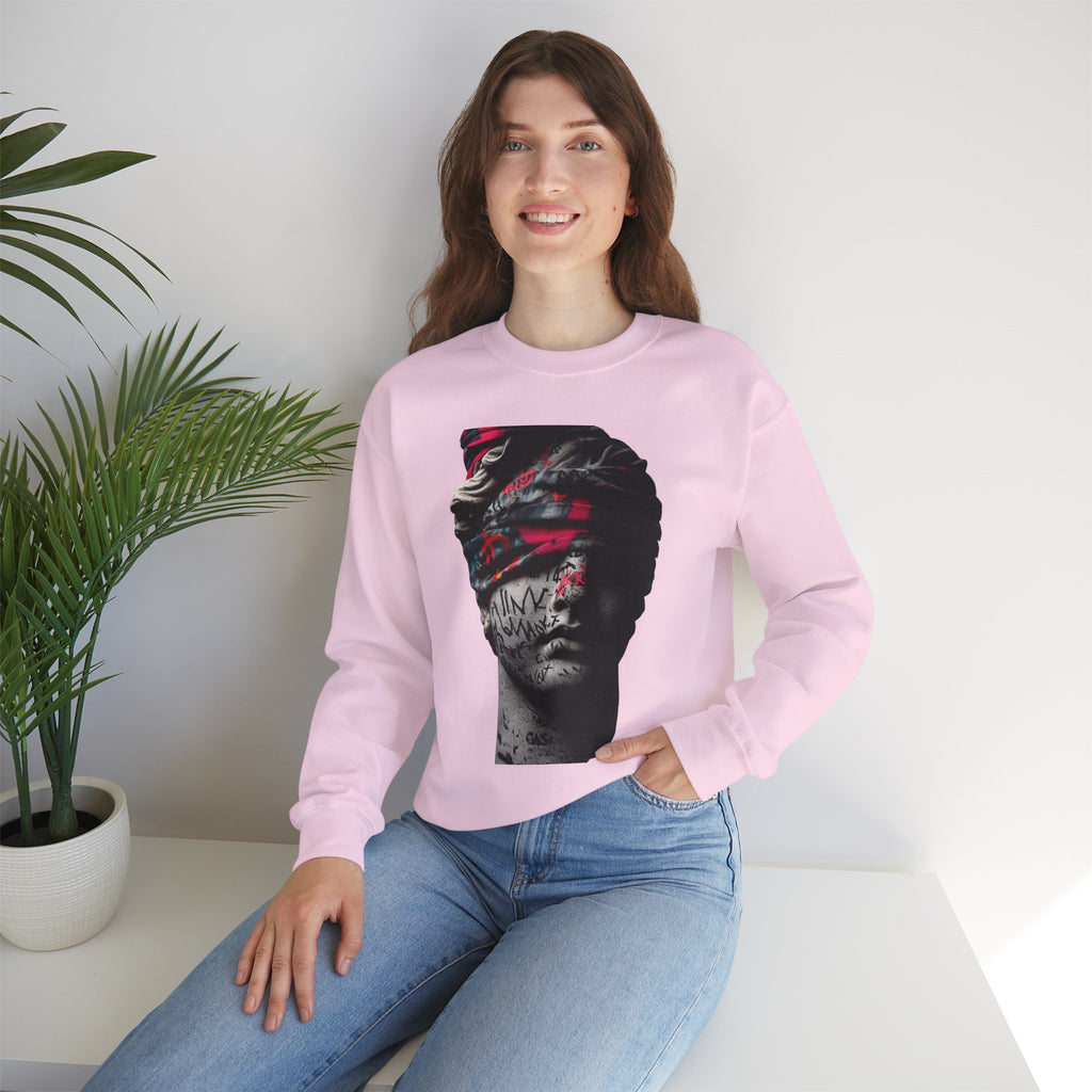 Graffiti Roman Bust Crewneck Sweatshirt — Statue Head Urban Art Graphic - Sculpted Heritage