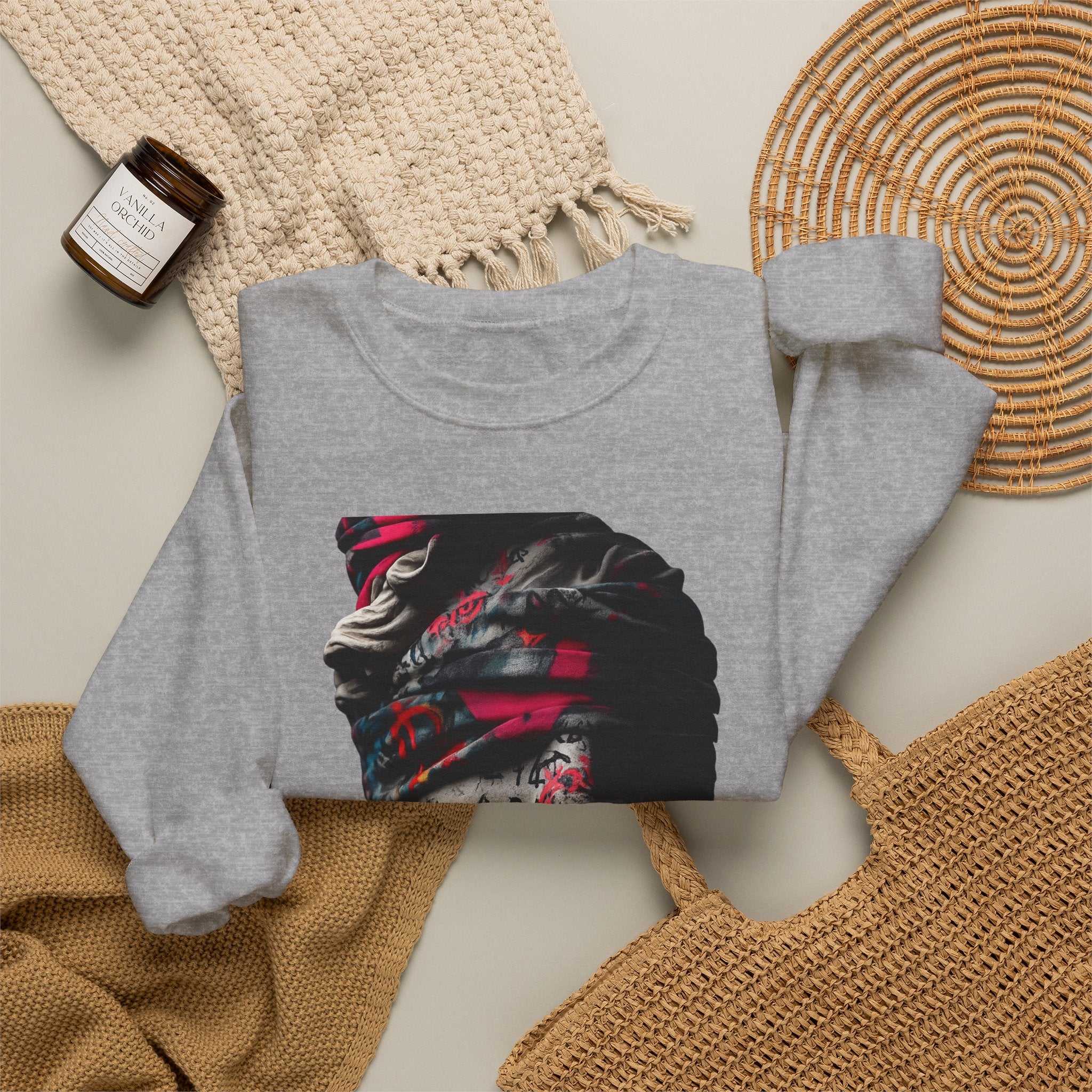 Graffiti Roman Bust Crewneck Sweatshirt — Statue Head Urban Art Graphic - Sculpted Heritage